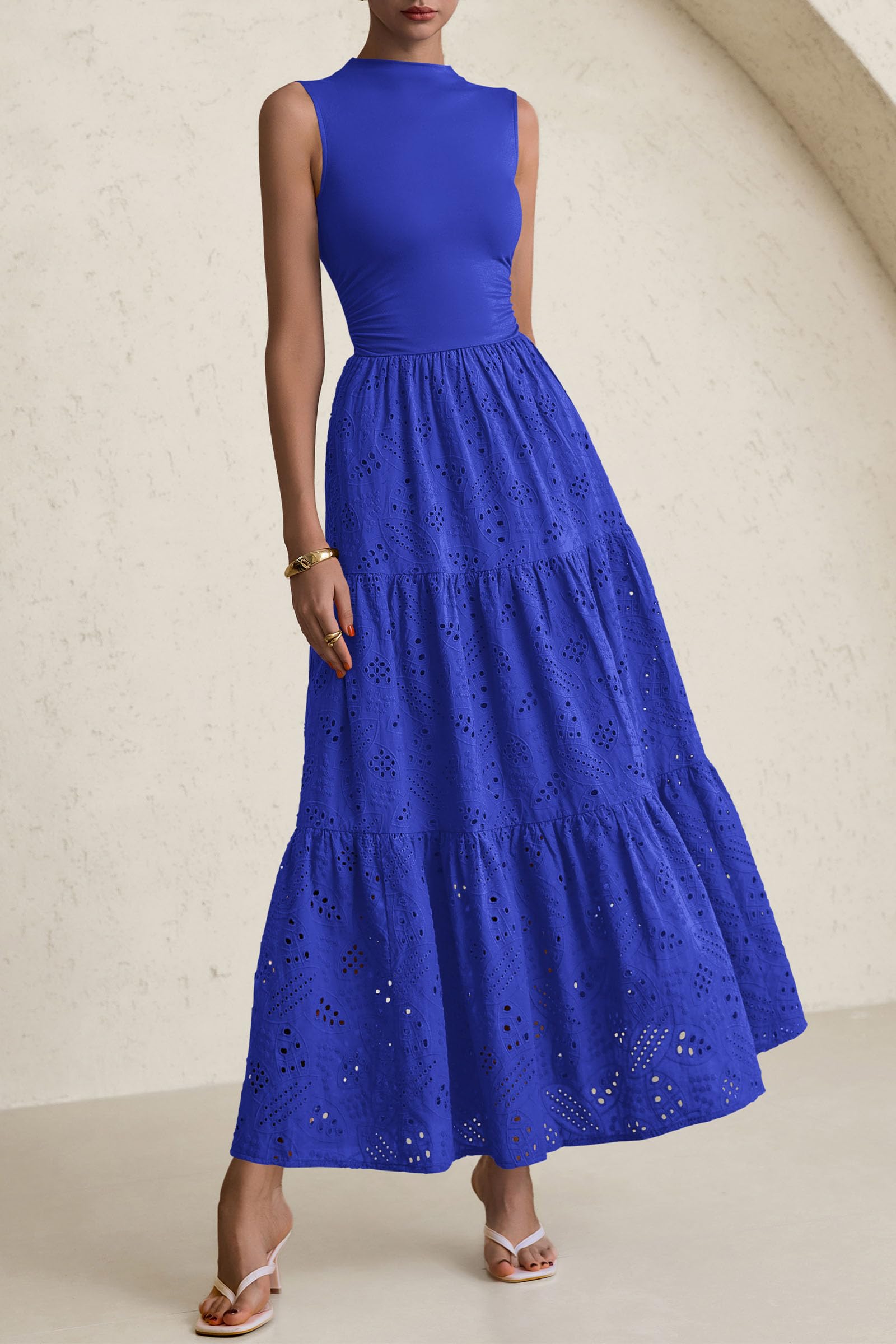 Foto 3 | Vestido De Verano Prettygarden 2025, Camiseta Sin Mangas Con Ojales, Maxi Con Bolsillos - Venta Internacional.