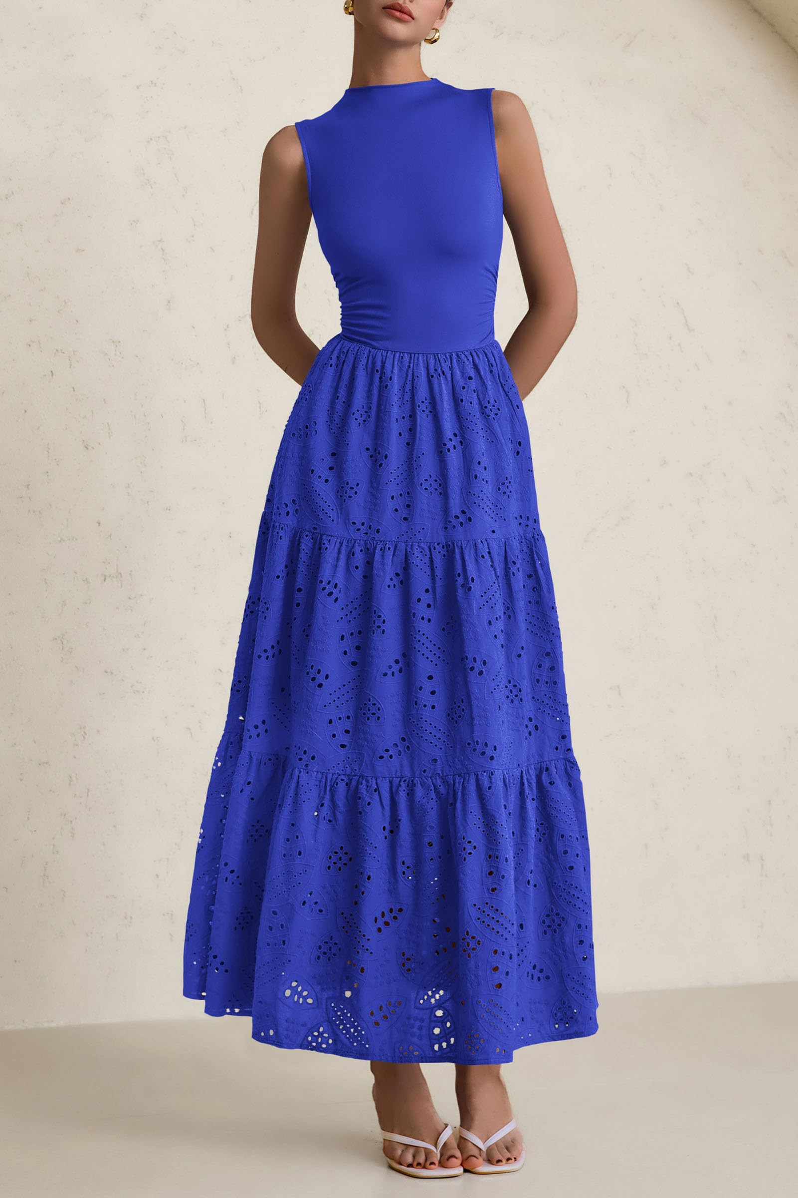 Foto 6 pulgar | Vestido De Verano Prettygarden 2025, Camiseta Sin Mangas Con Ojales, Maxi Con Bolsillos - Venta Internacional.