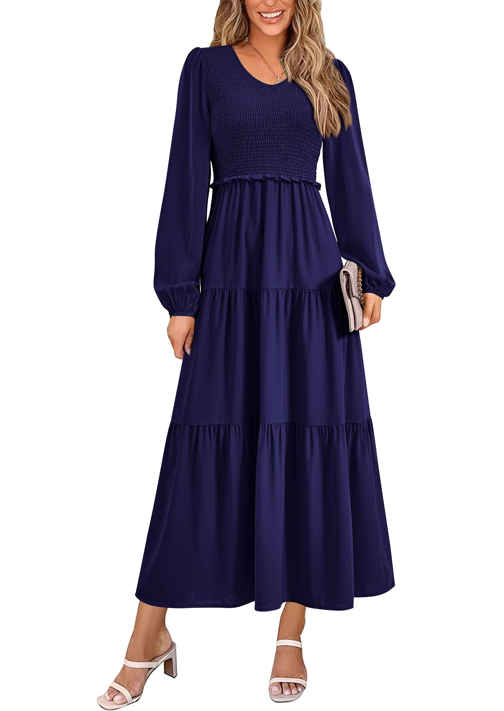 Vestido Midi Prettygarden Para Mujer Con Cuello En V Fruncido, Azul Marino - Venta Internacional.