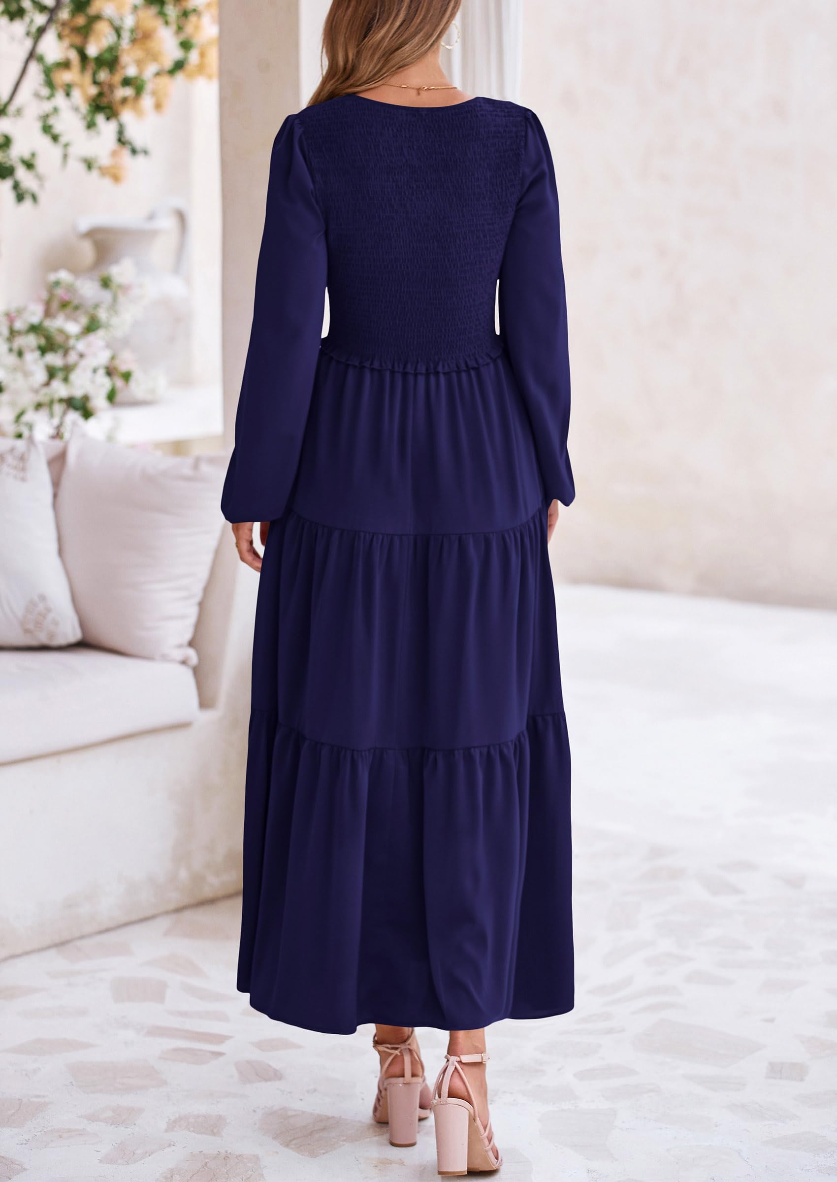 Foto 2 | Vestido Midi Prettygarden Para Mujer Con Cuello En V Fruncido, Azul Marino - Venta Internacional.