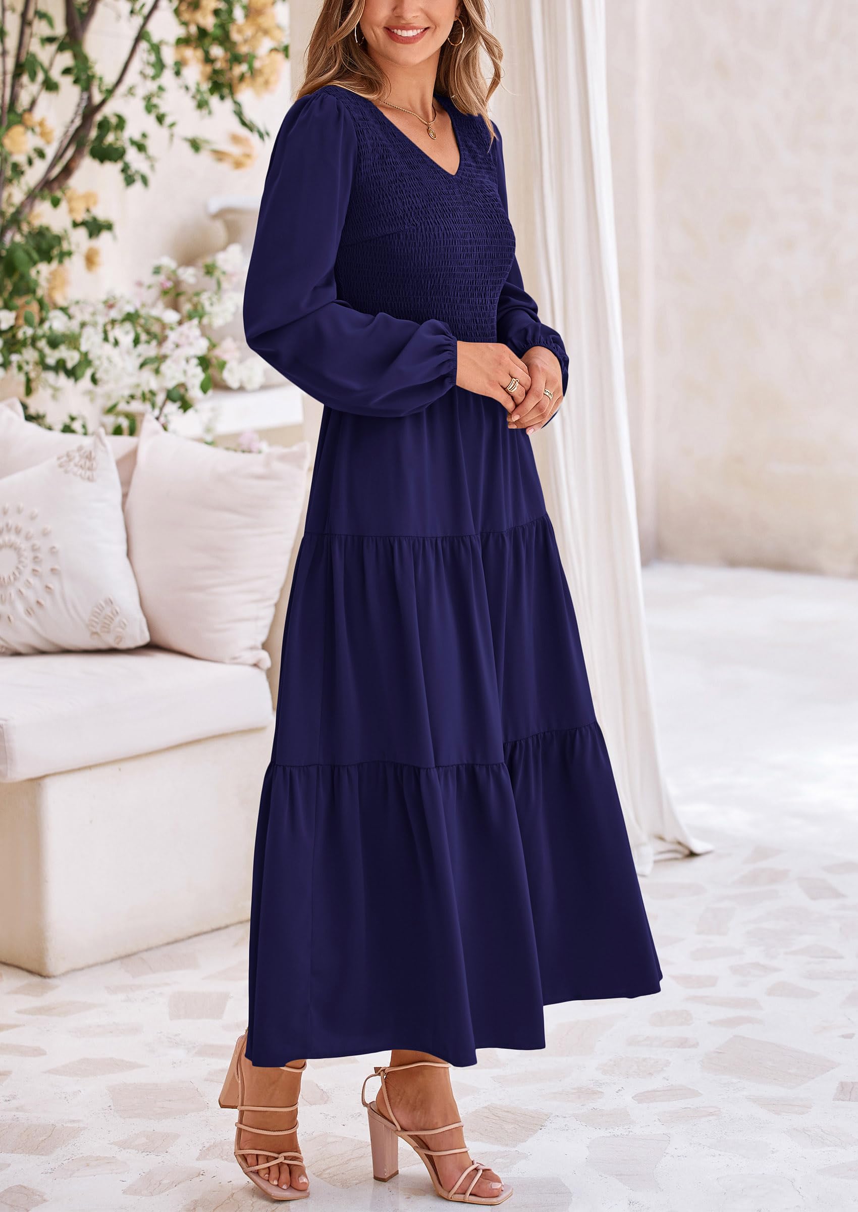 Foto 4 pulgar | Vestido Midi Prettygarden Para Mujer Con Cuello En V Fruncido, Azul Marino - Venta Internacional.