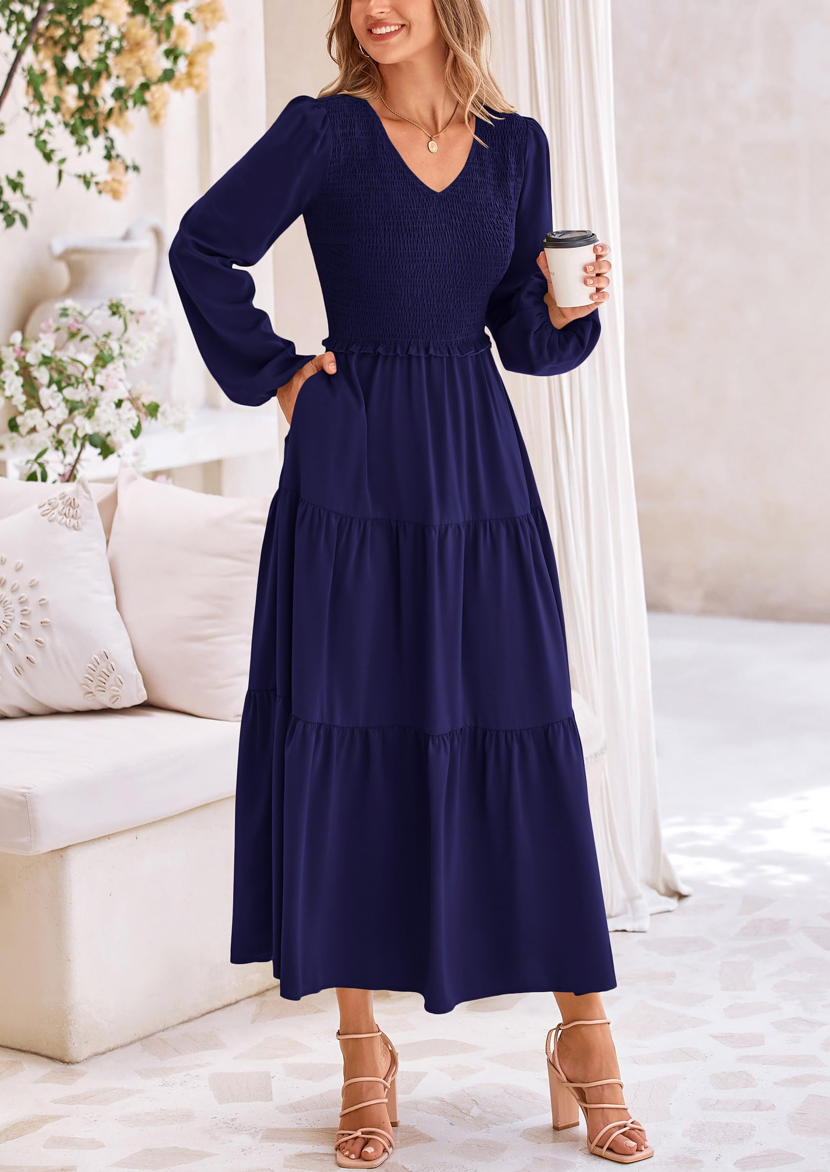 Foto 5 pulgar | Vestido Midi Prettygarden Para Mujer Con Cuello En V Fruncido, Azul Marino - Venta Internacional.