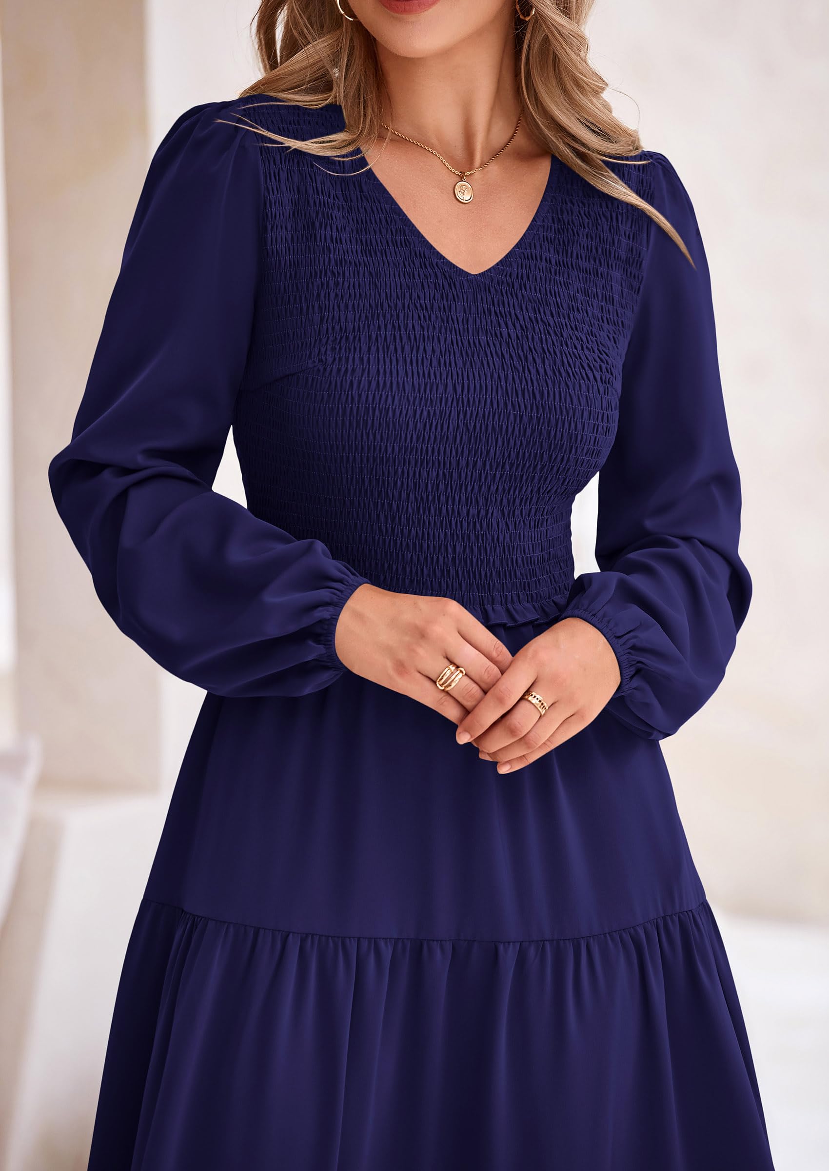Foto 6 pulgar | Vestido Midi Prettygarden Para Mujer Con Cuello En V Fruncido, Azul Marino - Venta Internacional.