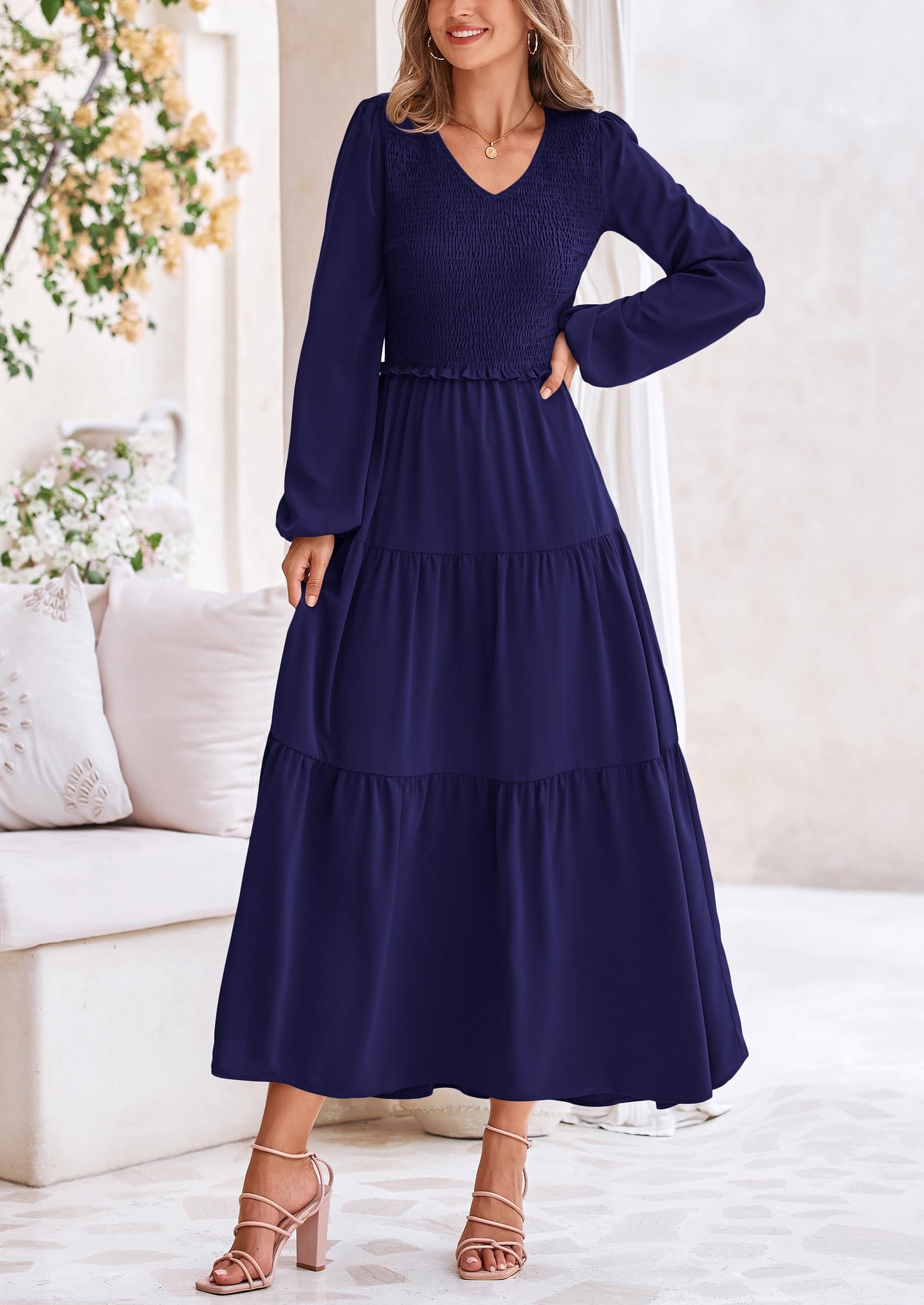 Foto 8 pulgar | Vestido Midi Prettygarden Para Mujer Con Cuello En V Fruncido, Azul Marino - Venta Internacional.