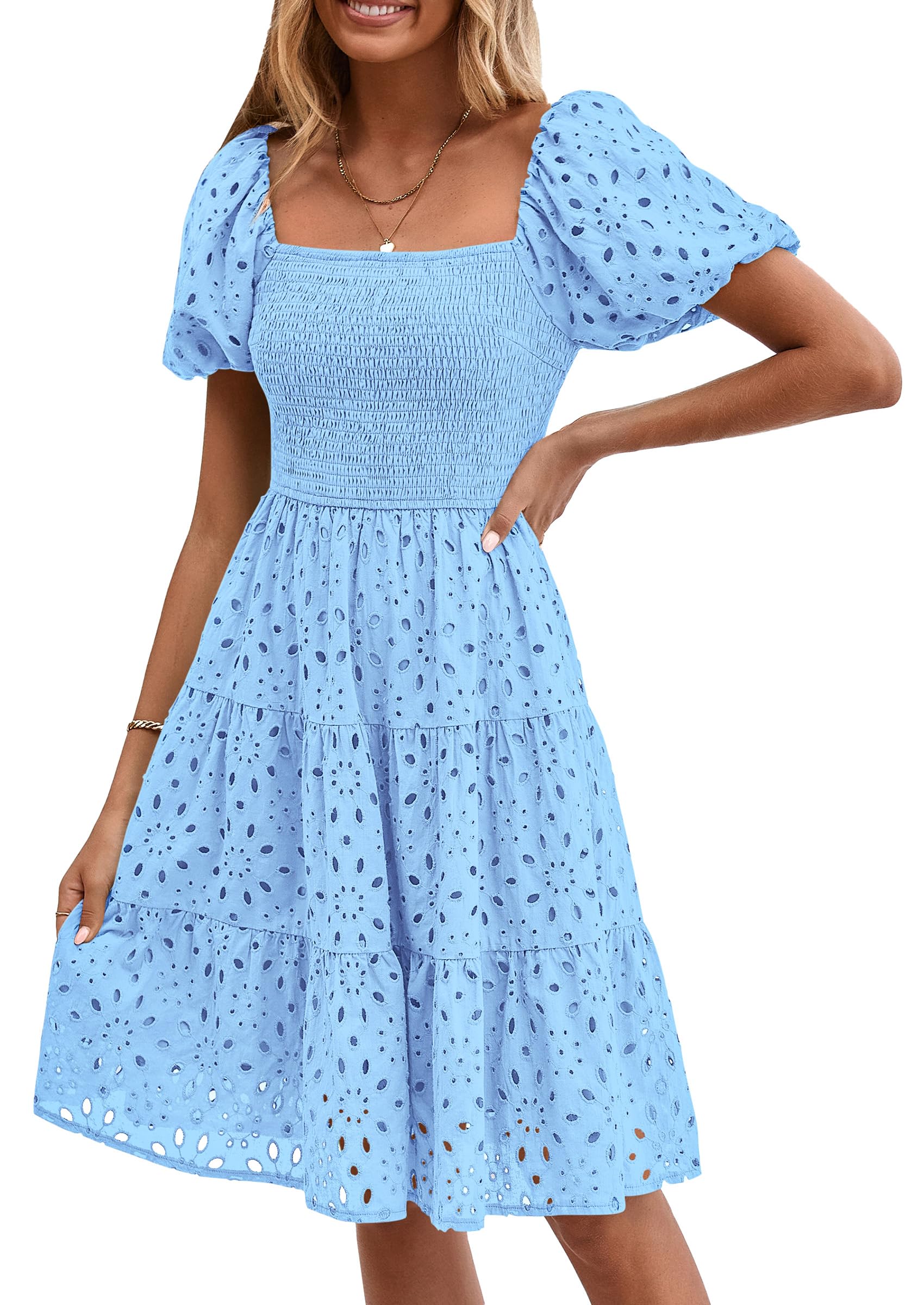 Vestido Prettygarden De Verano Para Mujer, Manga Abullonada, Con Ojales, Azul - Venta Internacional.