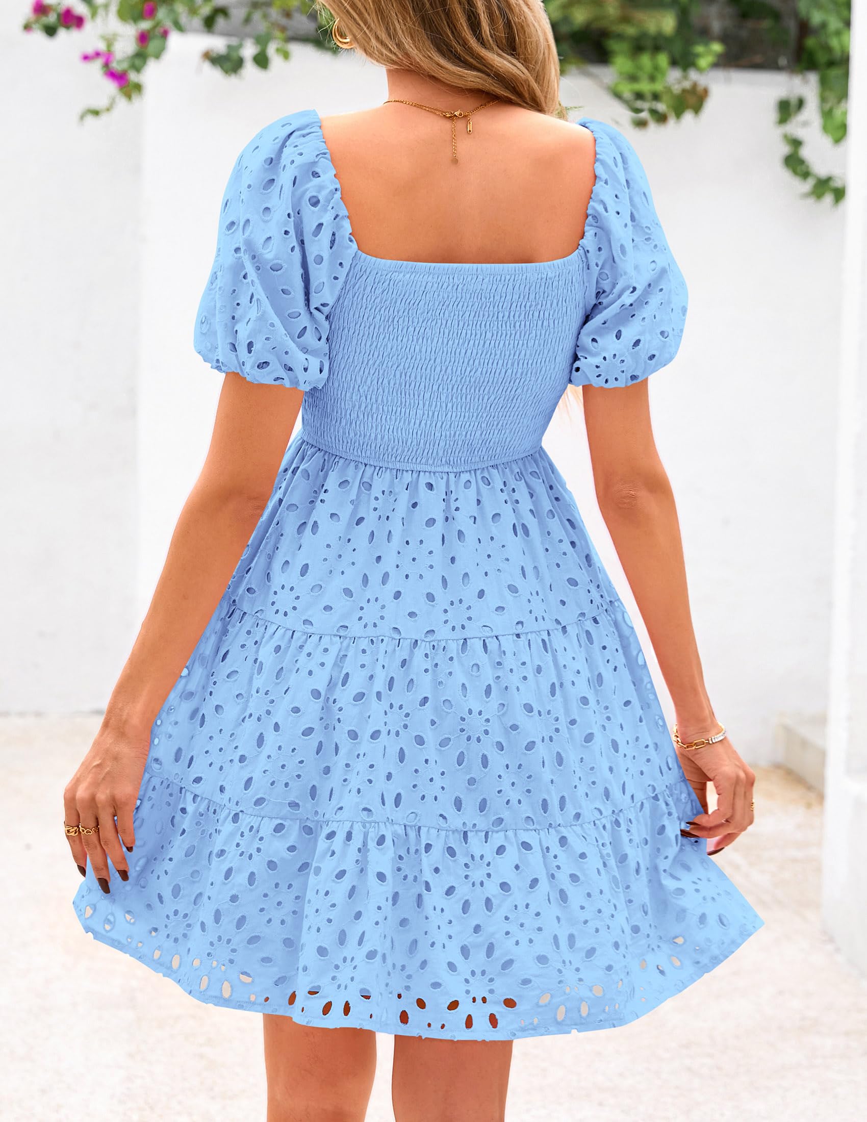 Foto 3 pulgar | Vestido Prettygarden De Verano Para Mujer, Manga Abullonada, Con Ojales, Azul - Venta Internacional.