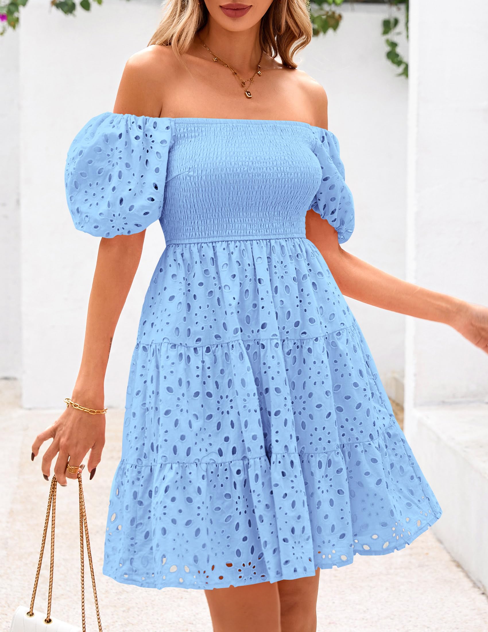 Foto 5 pulgar | Vestido Prettygarden De Verano Para Mujer, Manga Abullonada, Con Ojales, Azul - Venta Internacional.