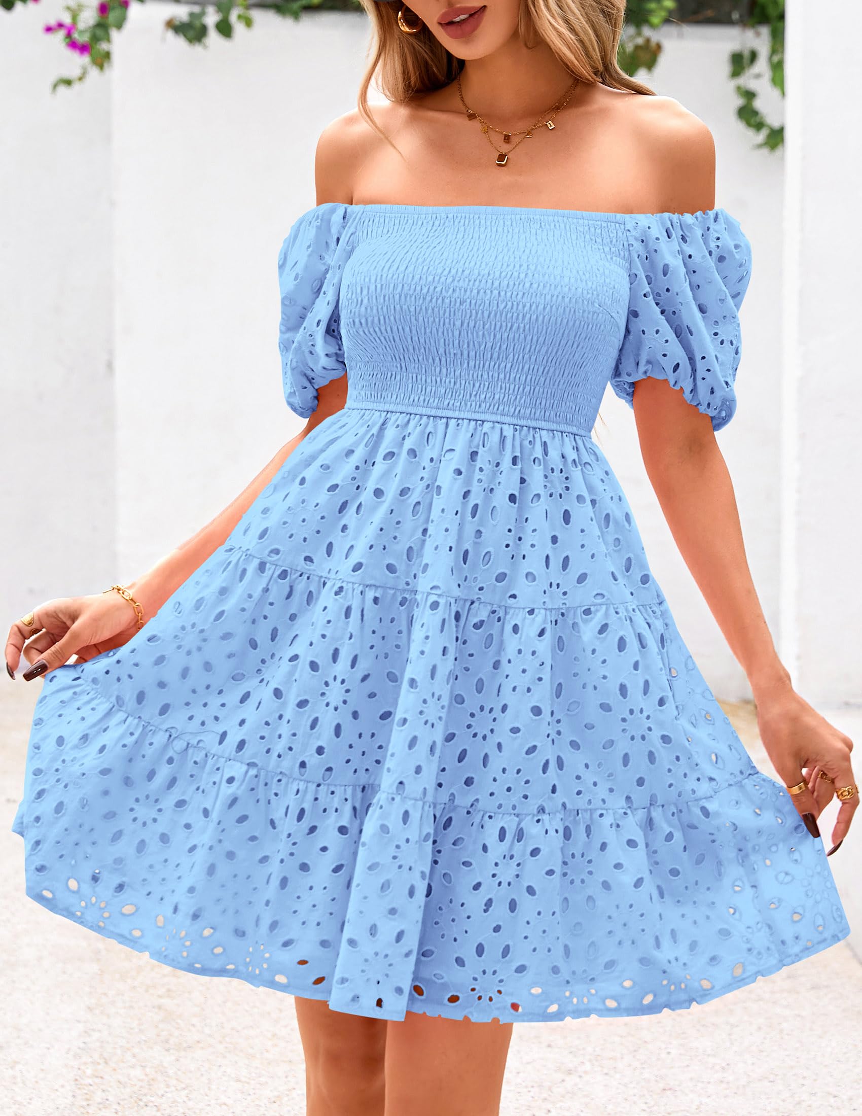 Foto 6 pulgar | Vestido Prettygarden De Verano Para Mujer, Manga Abullonada, Con Ojales, Azul - Venta Internacional.