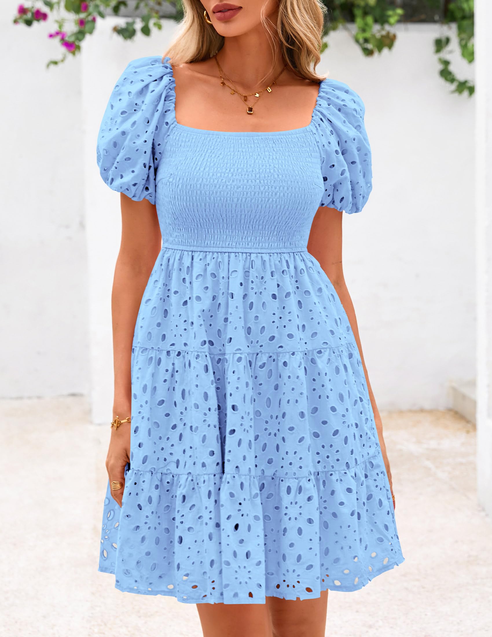 Foto 7 pulgar | Vestido Prettygarden De Verano Para Mujer, Manga Abullonada, Con Ojales, Azul - Venta Internacional.