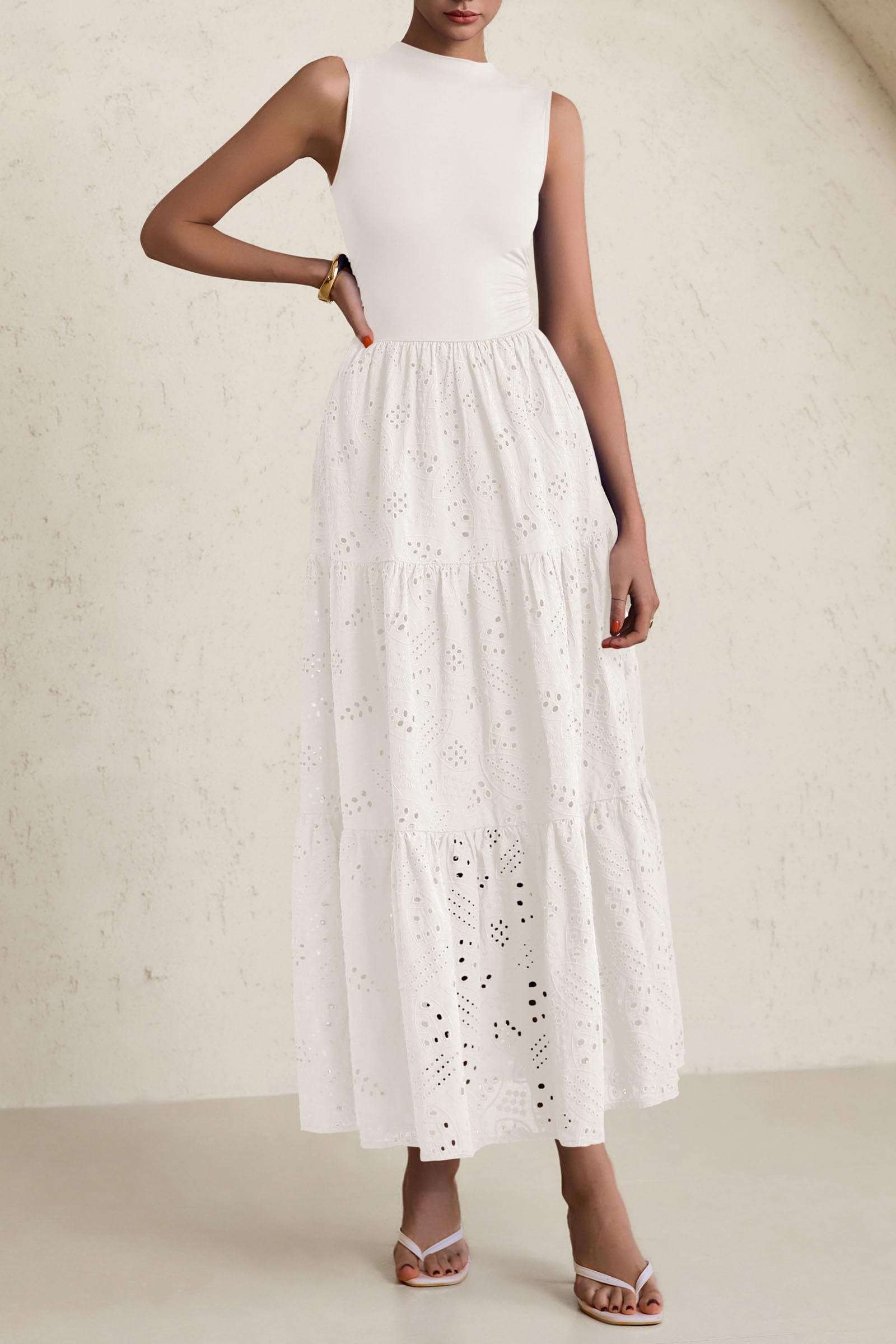 Foto 4 | Vestido De Verano Prettygarden 2025, Camiseta Sin Mangas Con Ojales, Maxi Con Bolsillos - Venta Internacional.