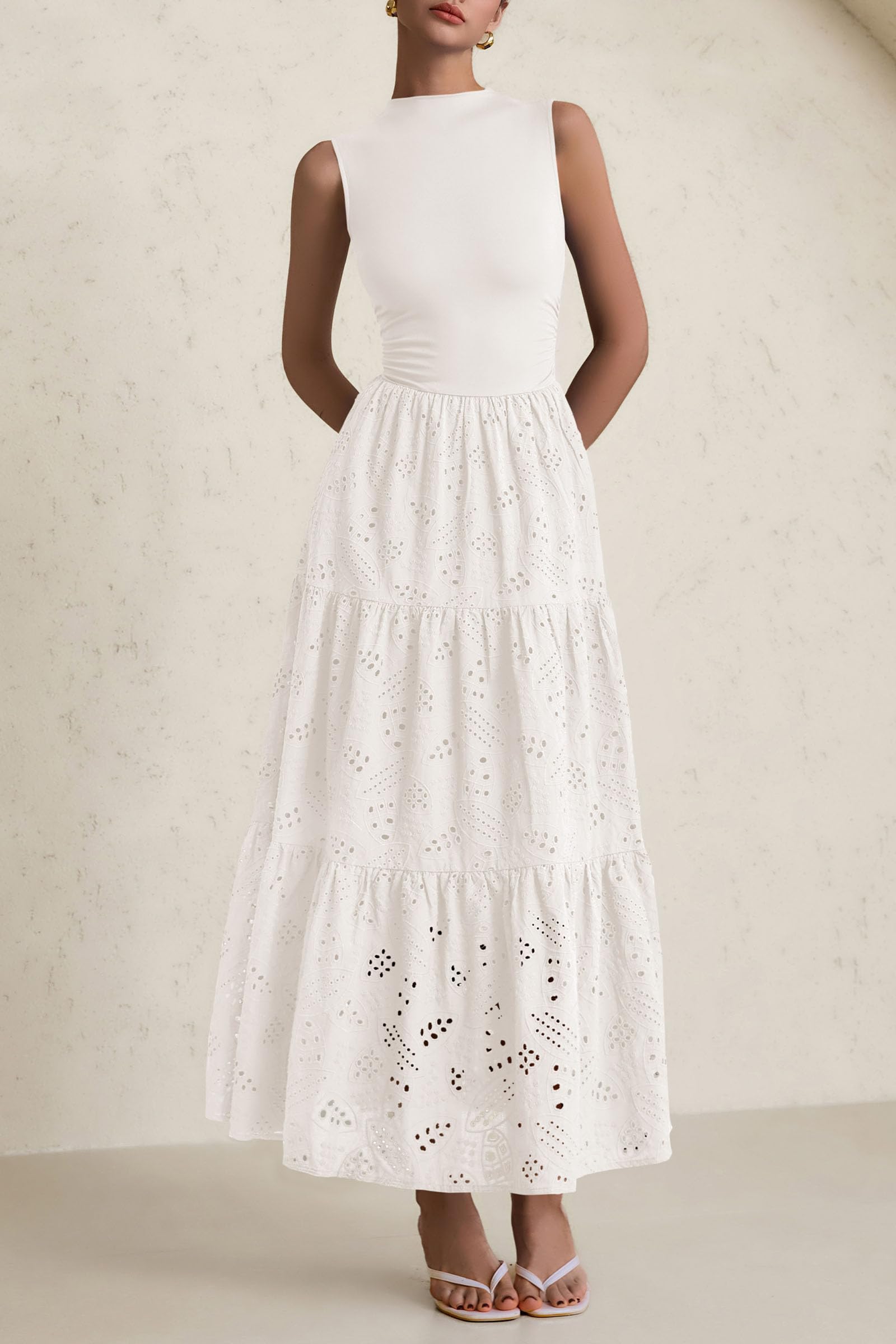 Foto 6 pulgar | Vestido De Verano Prettygarden 2025, Camiseta Sin Mangas Con Ojales, Maxi Con Bolsillos - Venta Internacional.
