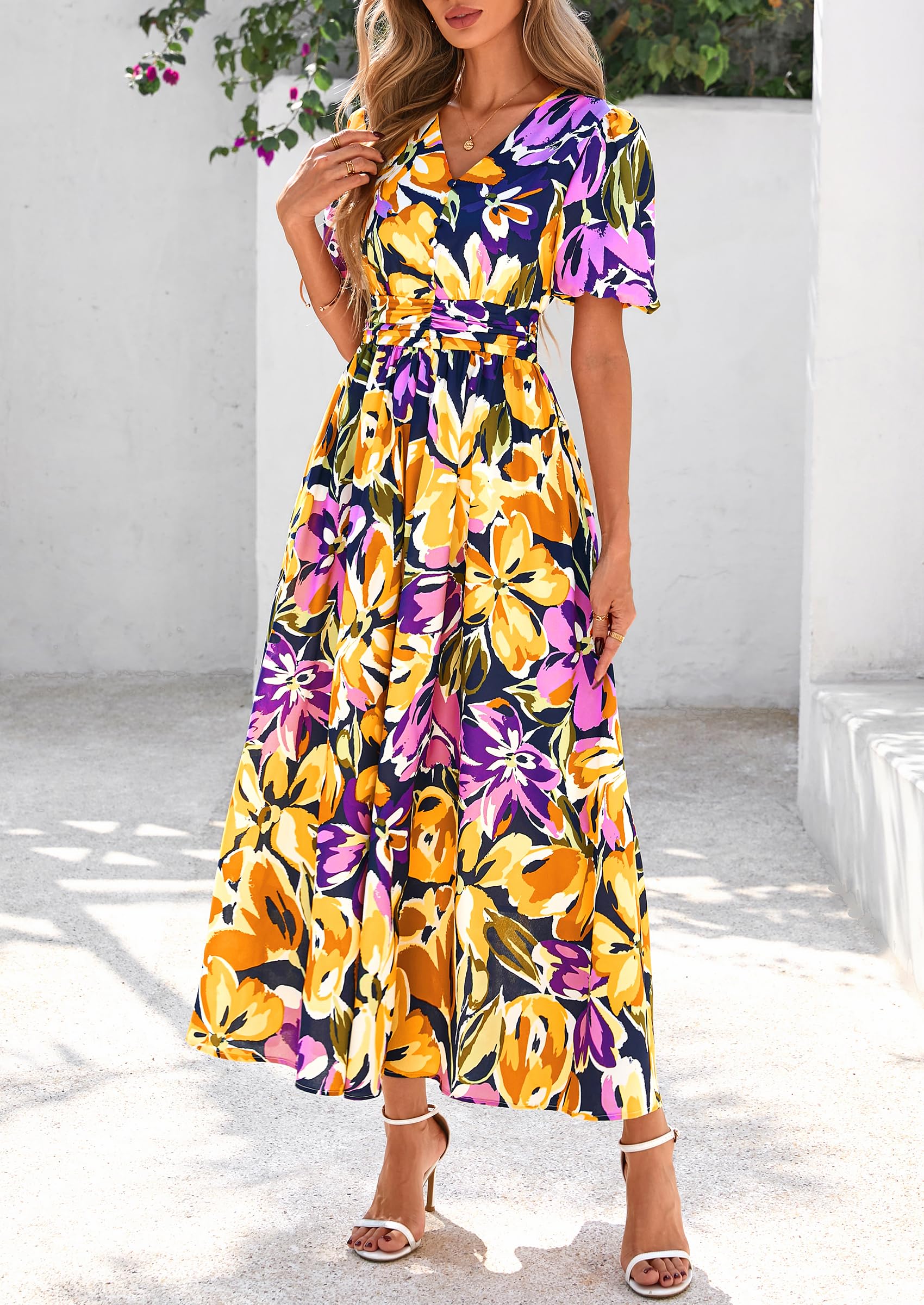 Foto 4 | Vestido Largo Prettygarden Para Mujer, Verano 2025, Estampado Floral, Cuello En V - Venta Internacional.