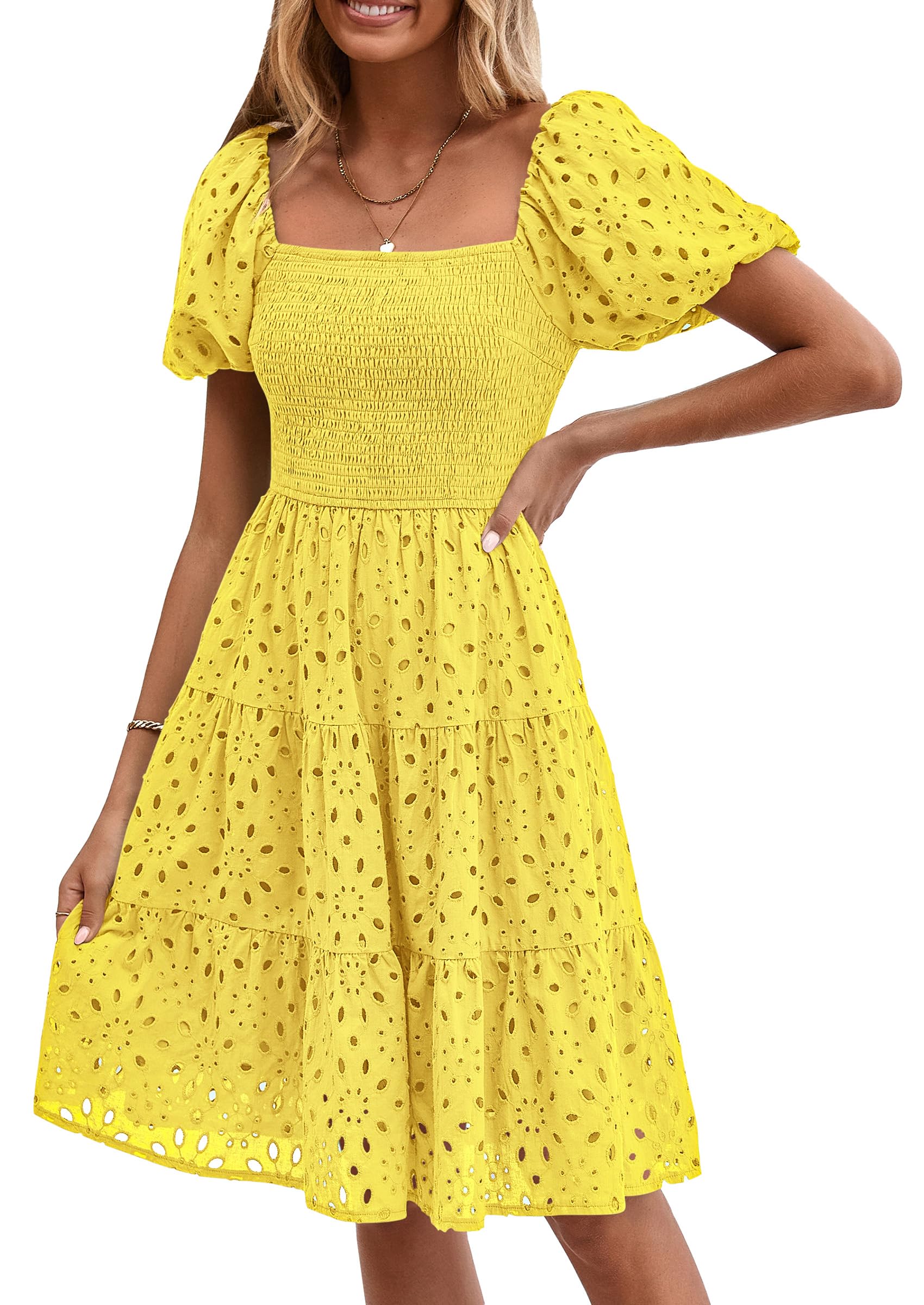 Vestido Prettygarden Para Mujer, De Verano, Mangas Abullonadas, Con Ojales, Amarillo - Venta Internacional.