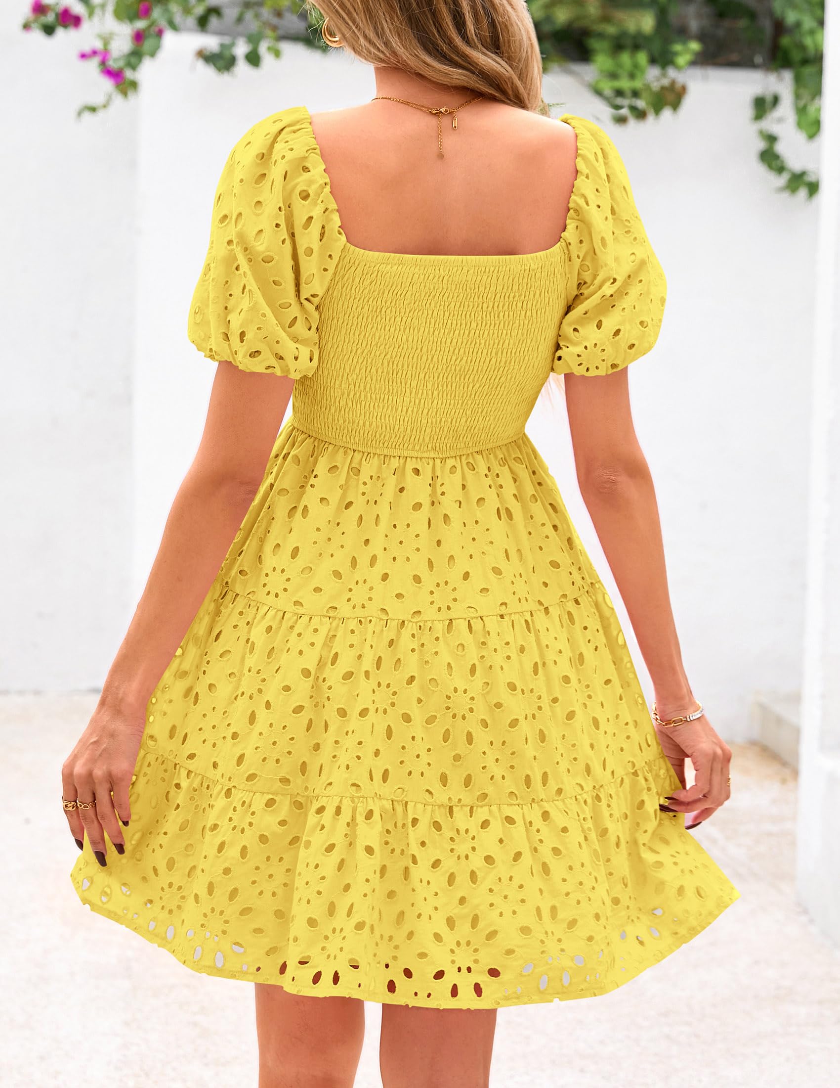 Foto 3 pulgar | Vestido Prettygarden Para Mujer, De Verano, Mangas Abullonadas, Con Ojales, Amarillo - Venta Internacional.