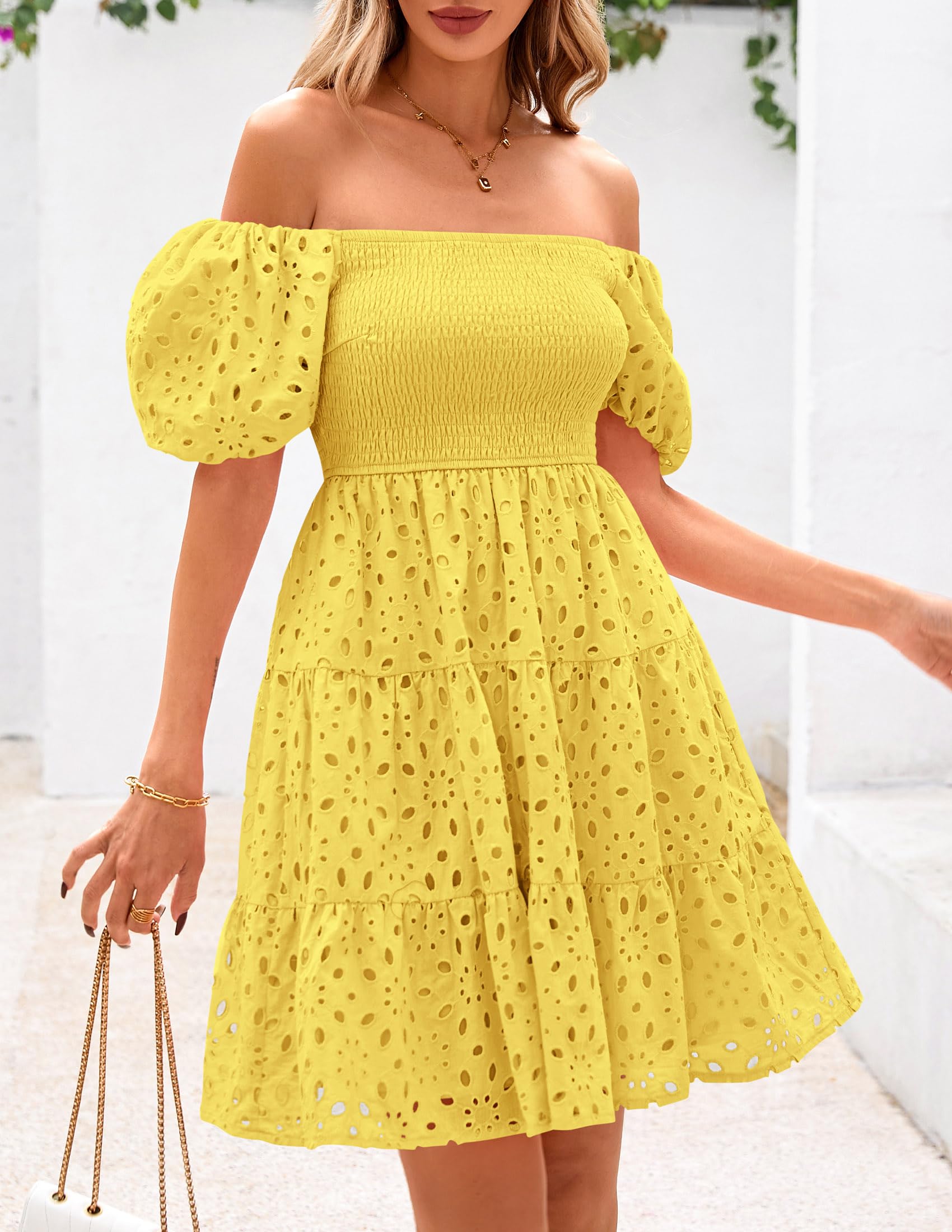 Foto 5 pulgar | Vestido Prettygarden Para Mujer, De Verano, Mangas Abullonadas, Con Ojales, Amarillo - Venta Internacional.