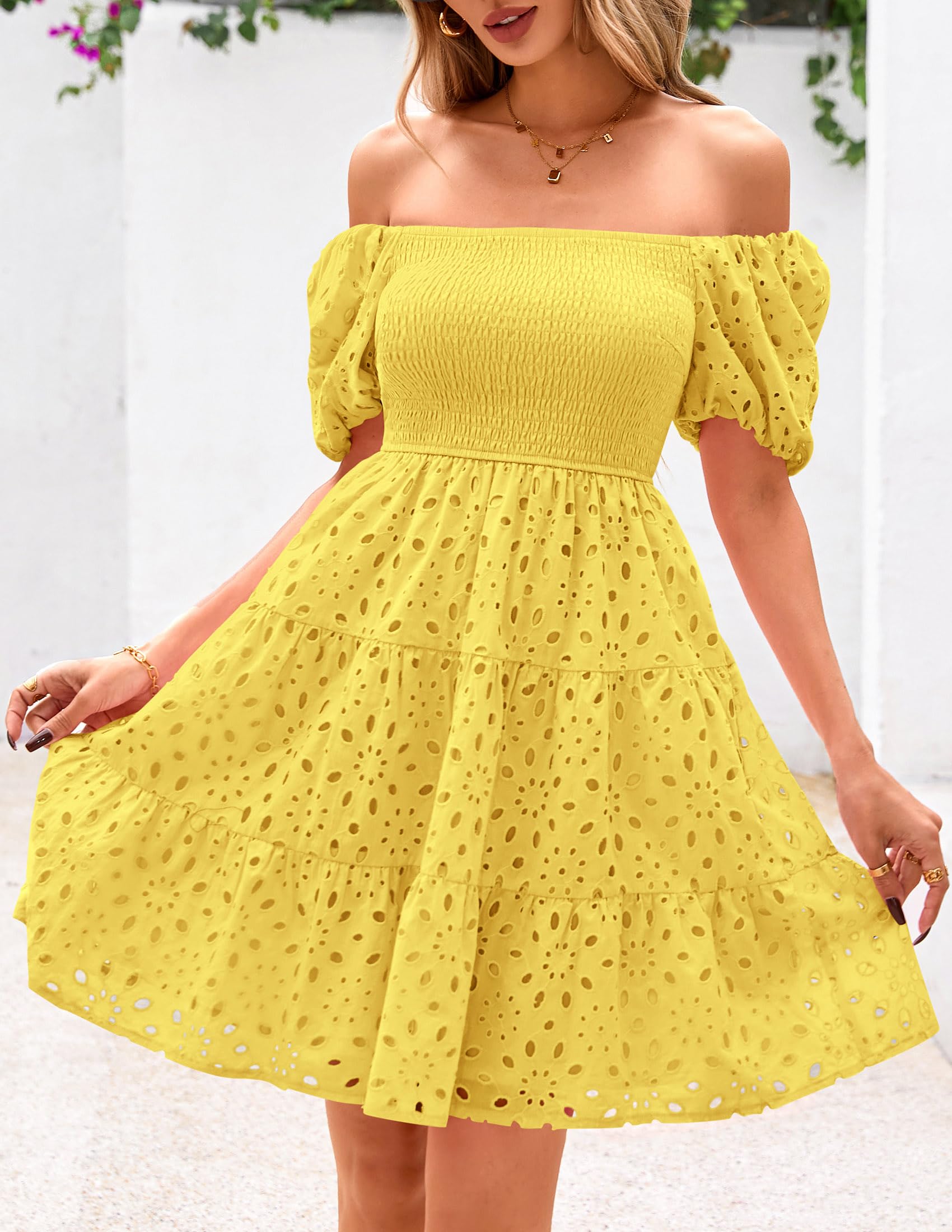 Foto 6 pulgar | Vestido Prettygarden Para Mujer, De Verano, Mangas Abullonadas, Con Ojales, Amarillo - Venta Internacional.