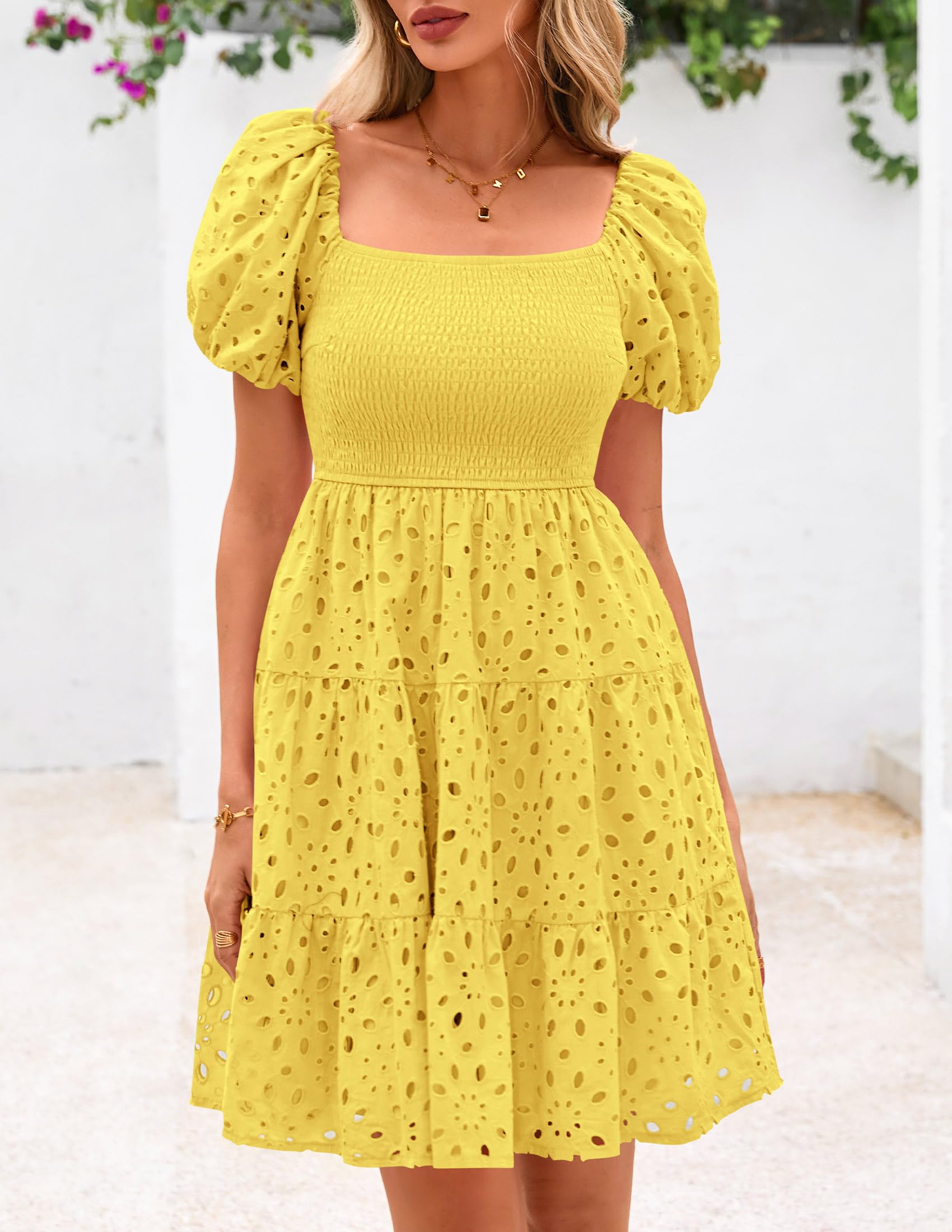 Foto 7 pulgar | Vestido Prettygarden Para Mujer, De Verano, Mangas Abullonadas, Con Ojales, Amarillo - Venta Internacional.