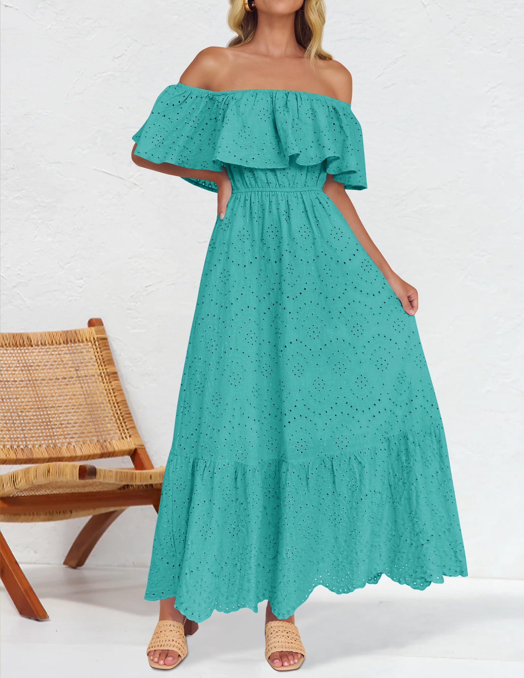 Foto 3 pulgar | Vestido Zesica 2025 Para Verano, Con Hombros Descubiertos, Bordado Con Volantes, Color Aguamarina - Venta Internacional.