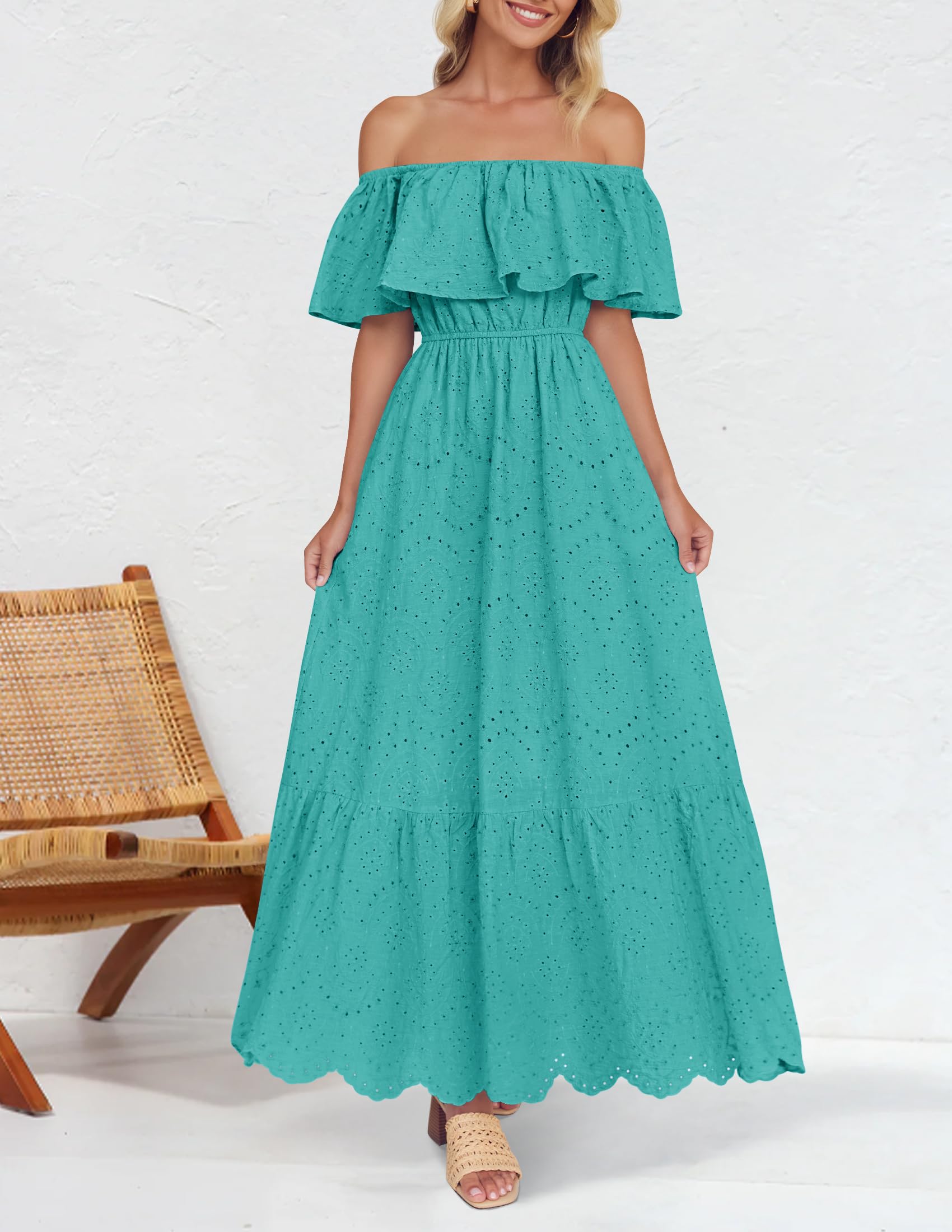 Foto 5 pulgar | Vestido Zesica 2025 Para Verano, Con Hombros Descubiertos, Bordado Con Volantes, Color Aguamarina - Venta Internacional.