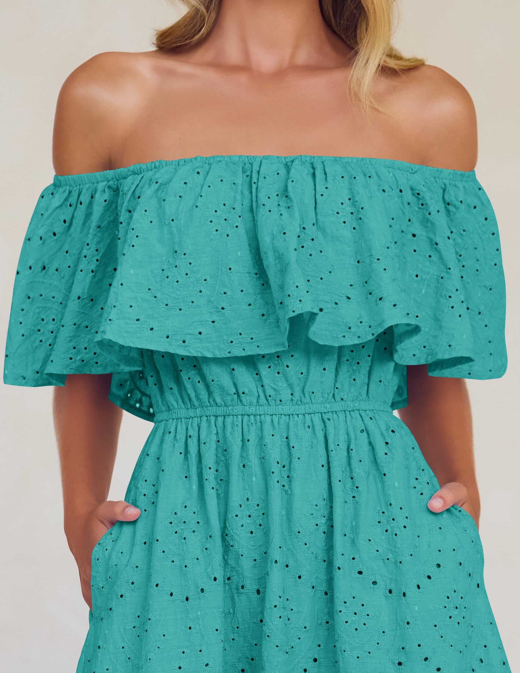 Foto 6 pulgar | Vestido Zesica 2025 Para Verano, Con Hombros Descubiertos, Bordado Con Volantes, Color Aguamarina - Venta Internacional.