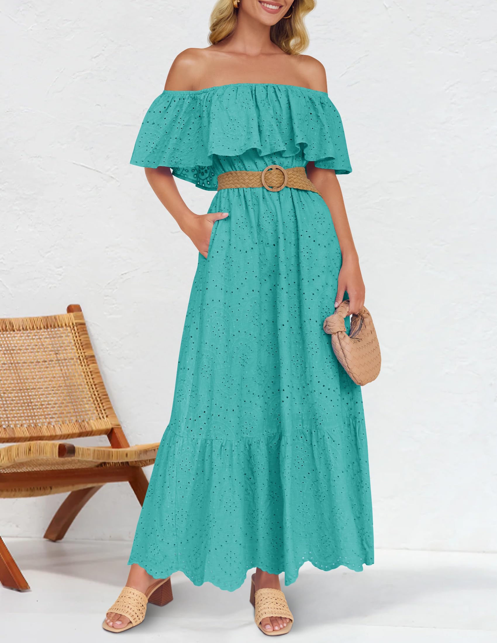 Foto 7 pulgar | Vestido Zesica 2025 Para Verano, Con Hombros Descubiertos, Bordado Con Volantes, Color Aguamarina - Venta Internacional.