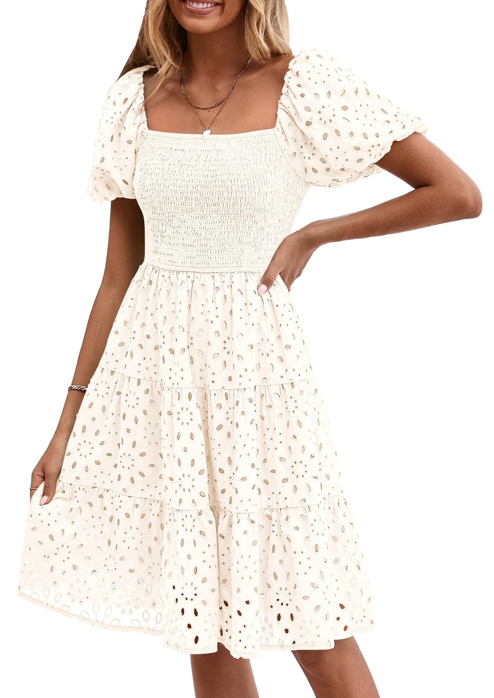 Vestido Prettygarden Para Mujer, Con Mangas Abullonadas, De Verano, Con Ojales, Blanco - Venta Internacional.