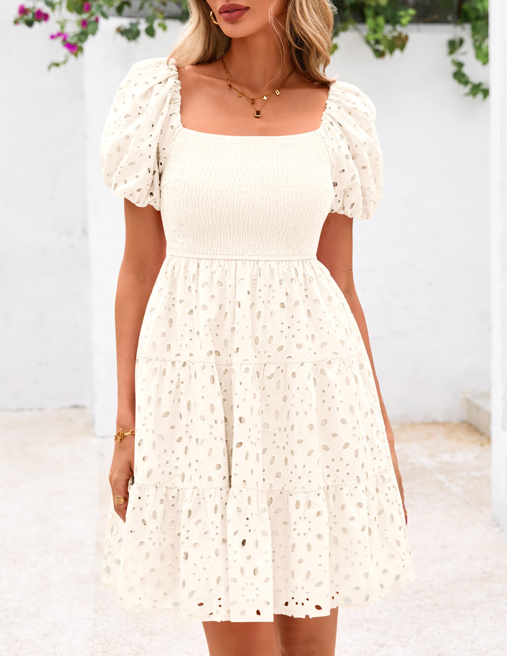 Foto 6 | Vestido Prettygarden Para Mujer, Con Mangas Abullonadas, De Verano, Con Ojales, Blanco - Venta Internacional.