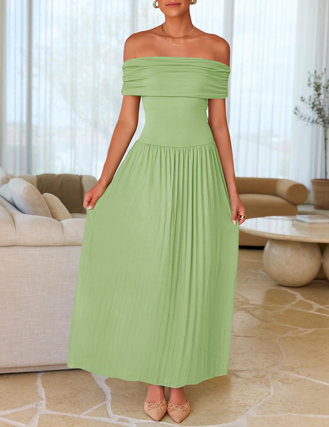 Foto 5 pulgar | Vestido Largo Zesica Con Hombros Descubiertos Para Verano 2025 Para Mujer - Venta Internacional.