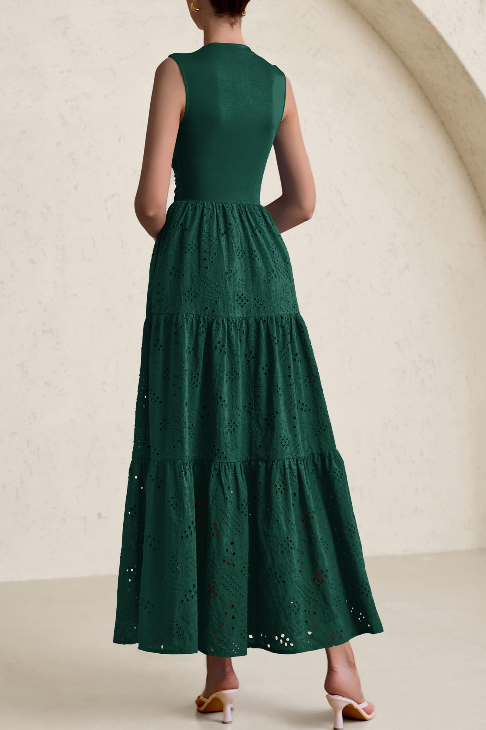 Foto 3 pulgar | Vestido De Verano Prettygarden 2025, Camiseta Sin Mangas Con Ojales, Maxi Verde Oscuro - Venta Internacional.