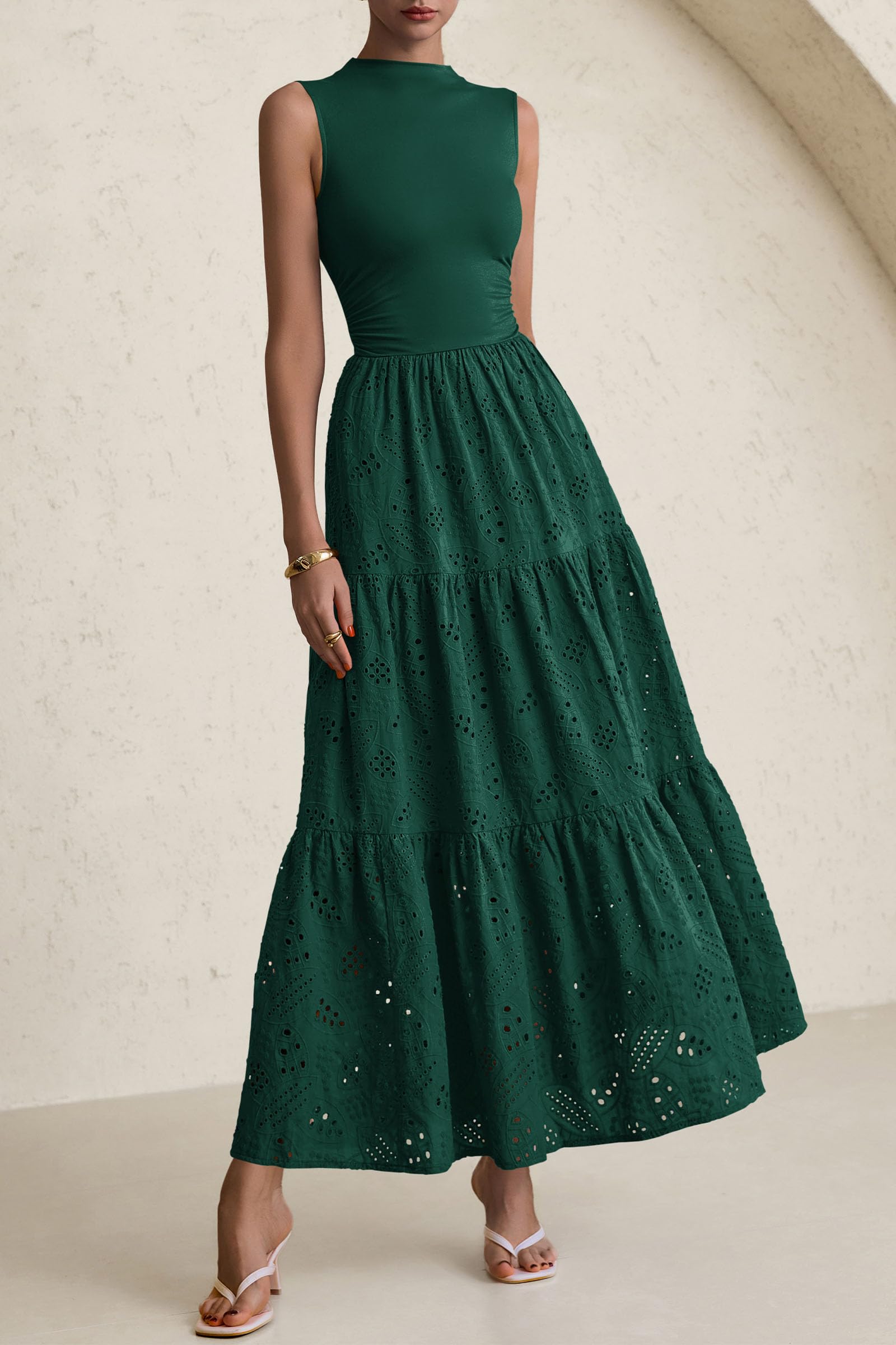 Foto 4 pulgar | Vestido De Verano Prettygarden 2025, Camiseta Sin Mangas Con Ojales, Maxi Verde Oscuro - Venta Internacional.