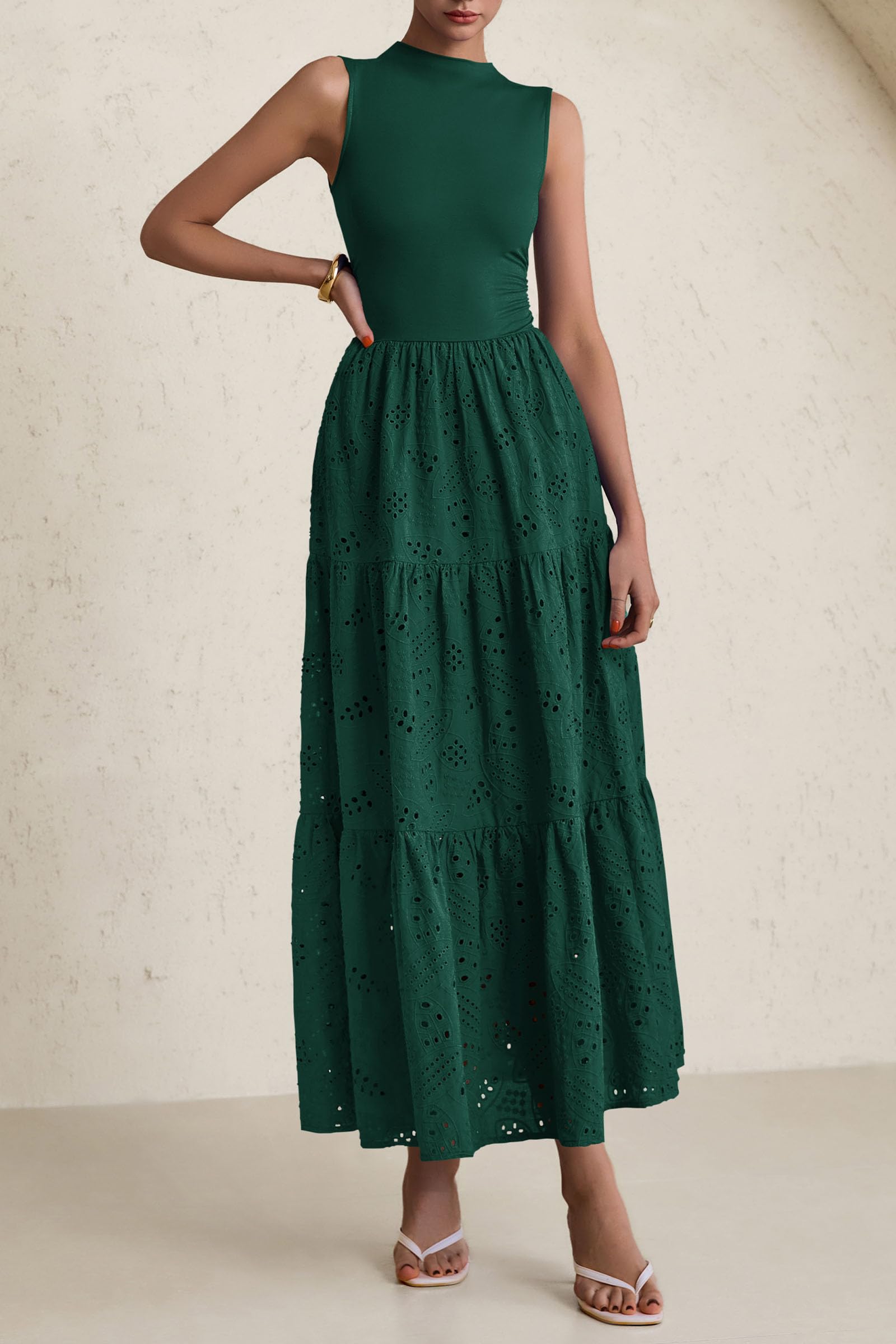 Foto 5 pulgar | Vestido De Verano Prettygarden 2025, Camiseta Sin Mangas Con Ojales, Maxi Verde Oscuro - Venta Internacional.