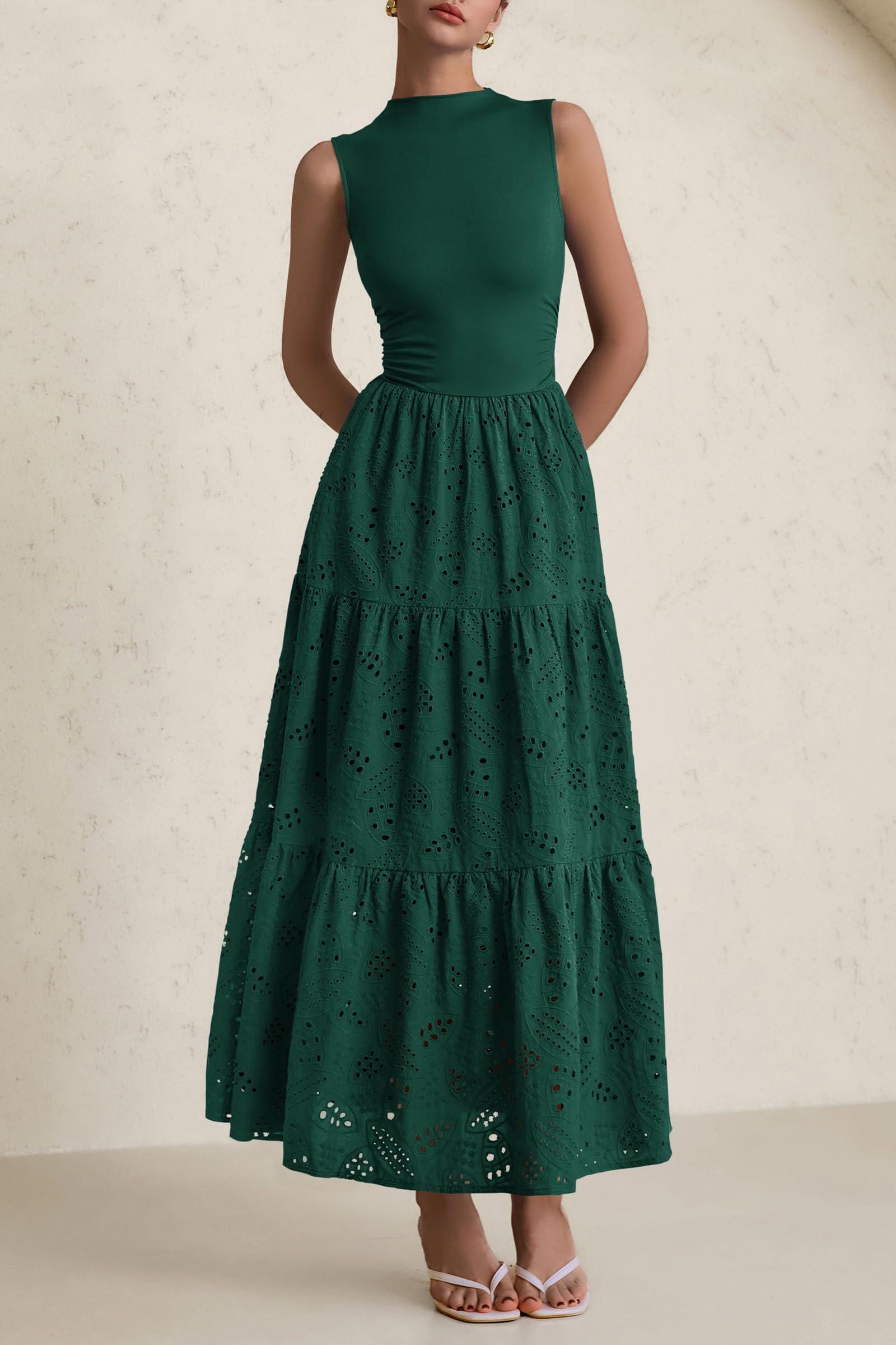 Foto 6 pulgar | Vestido De Verano Prettygarden 2025, Camiseta Sin Mangas Con Ojales, Maxi Verde Oscuro - Venta Internacional.