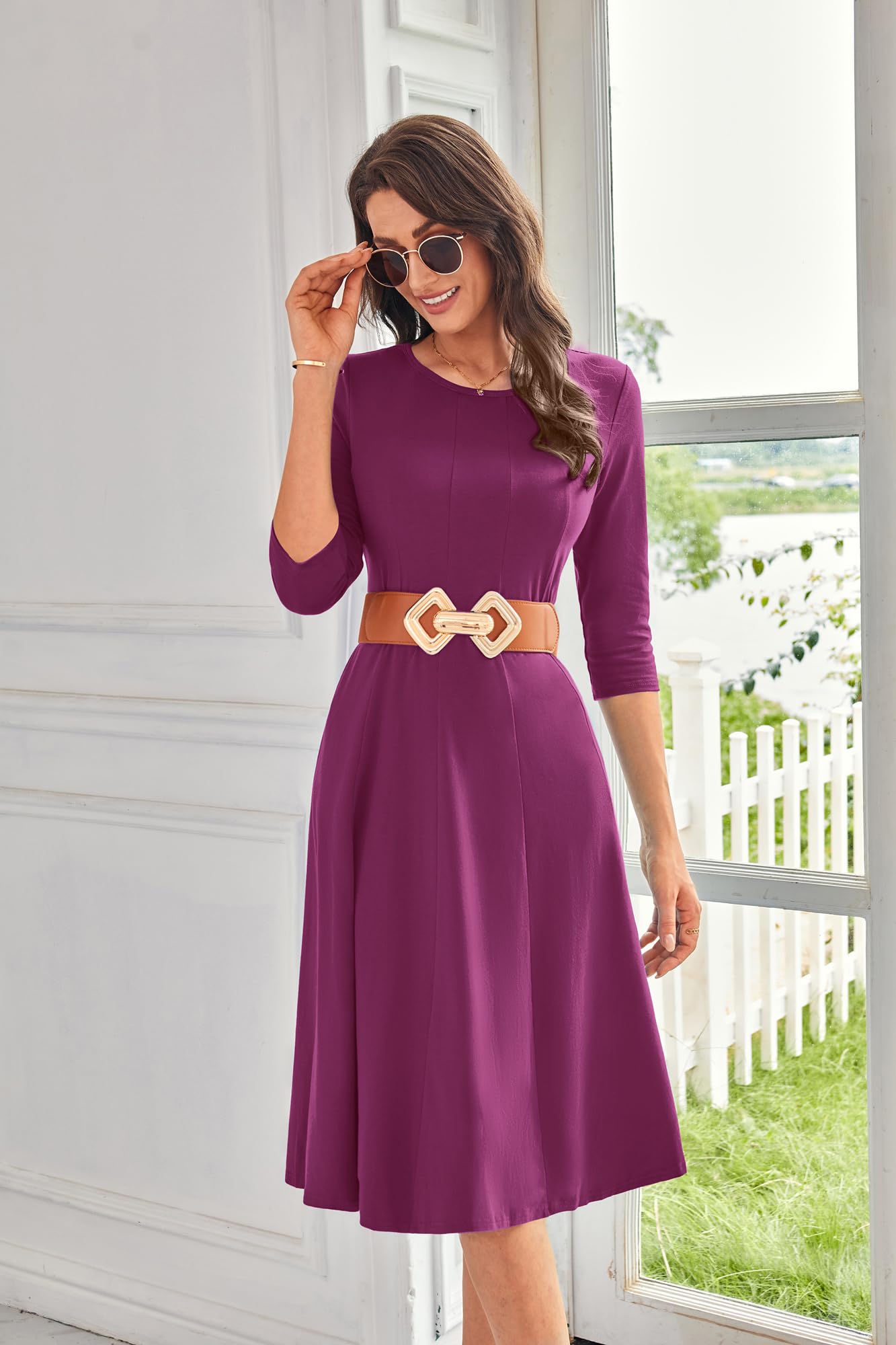 Foto 4 pulgar | Vestido Casual Grace Karin Mulberry De Manga 3/4 A Media Pierna - Venta Internacional.