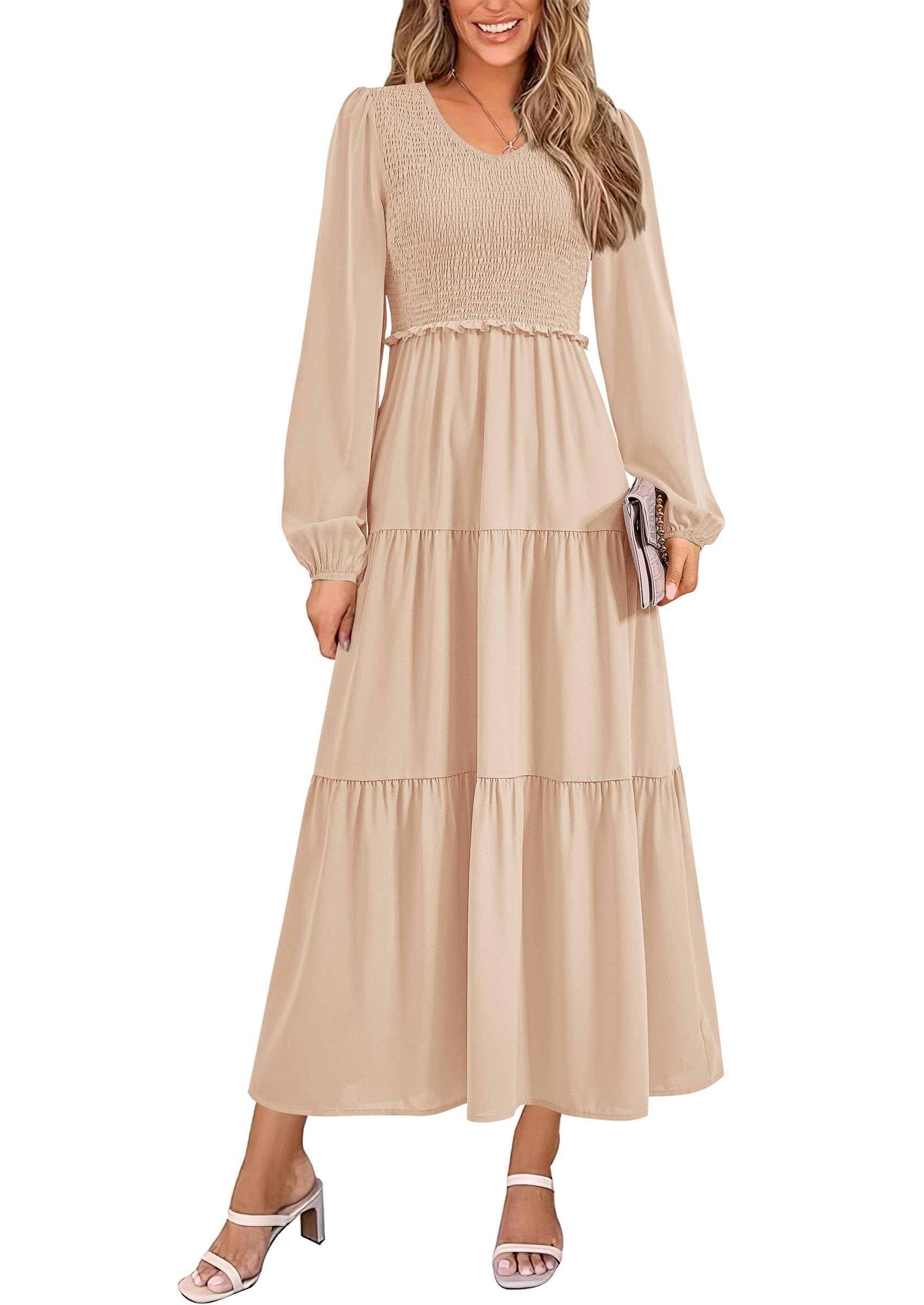 Foto 1 | Vestido Midi Prettygarden Para Mujer Con Cuello En V Fruncido, Línea A, Color Albaricoque - Venta Internacional.