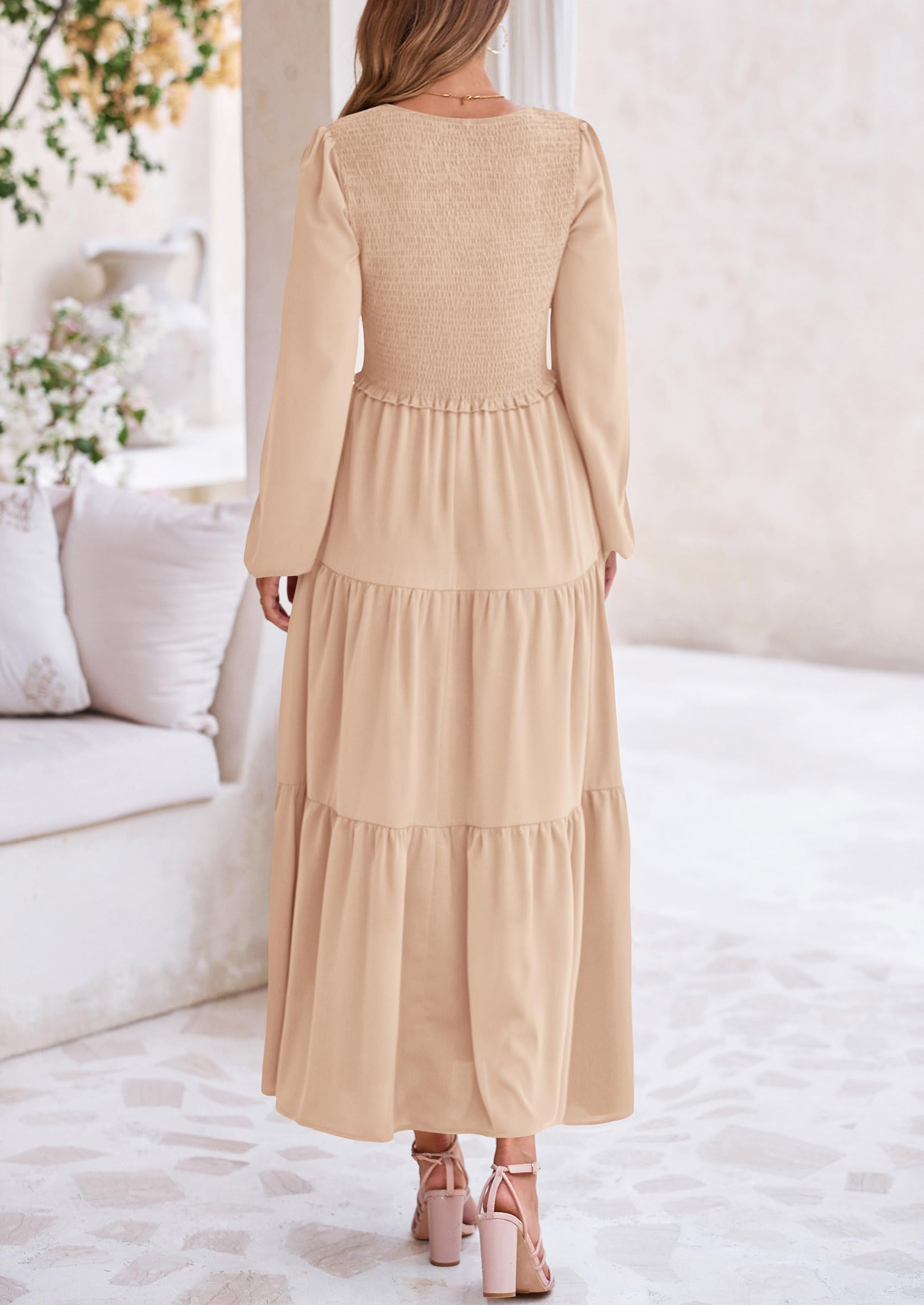 Foto 2 | Vestido Midi Prettygarden Para Mujer Con Cuello En V Fruncido, Línea A, Color Albaricoque - Venta Internacional.