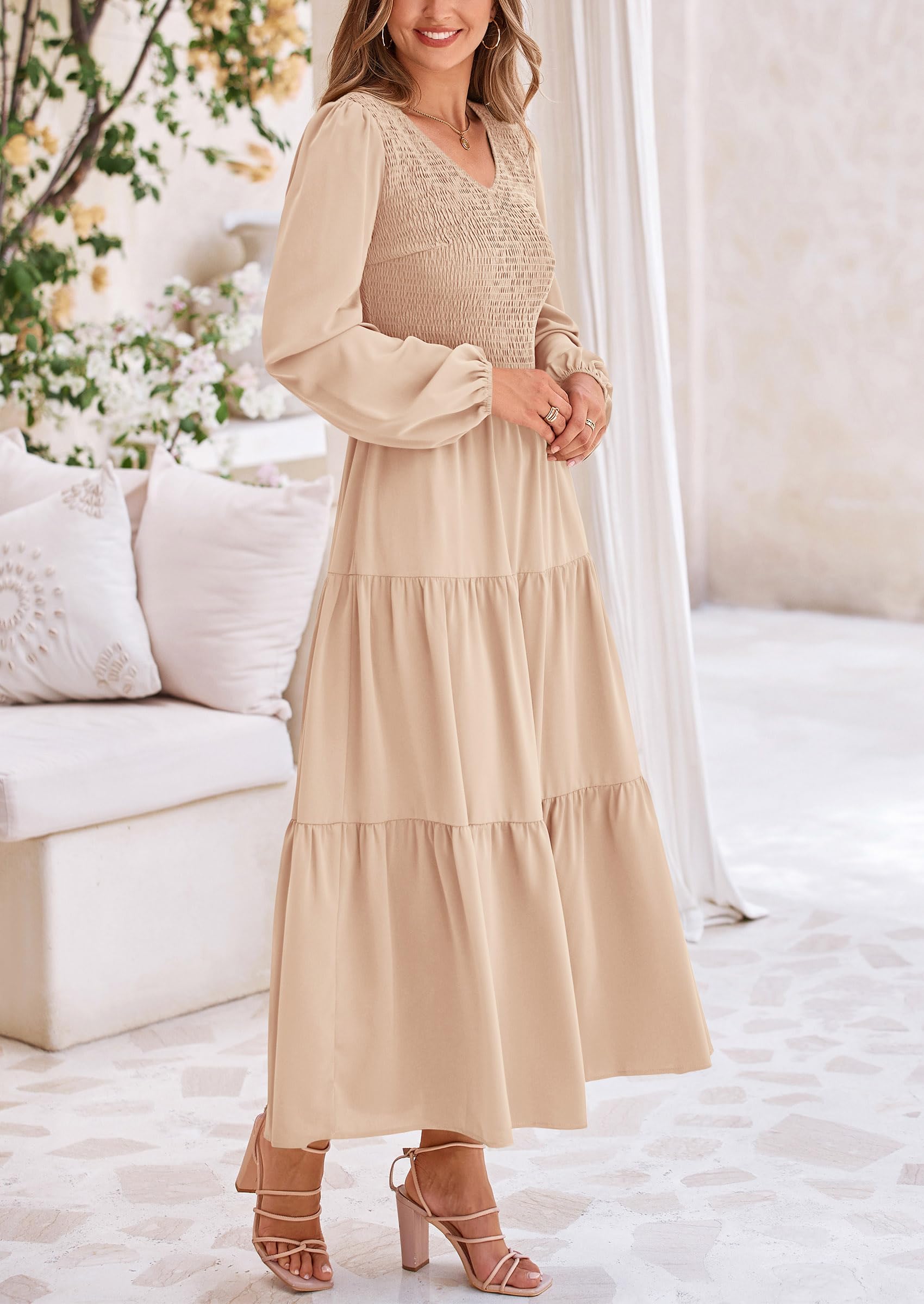 Foto 4 pulgar | Vestido Midi Prettygarden Para Mujer Con Cuello En V Fruncido, Línea A, Color Albaricoque - Venta Internacional.
