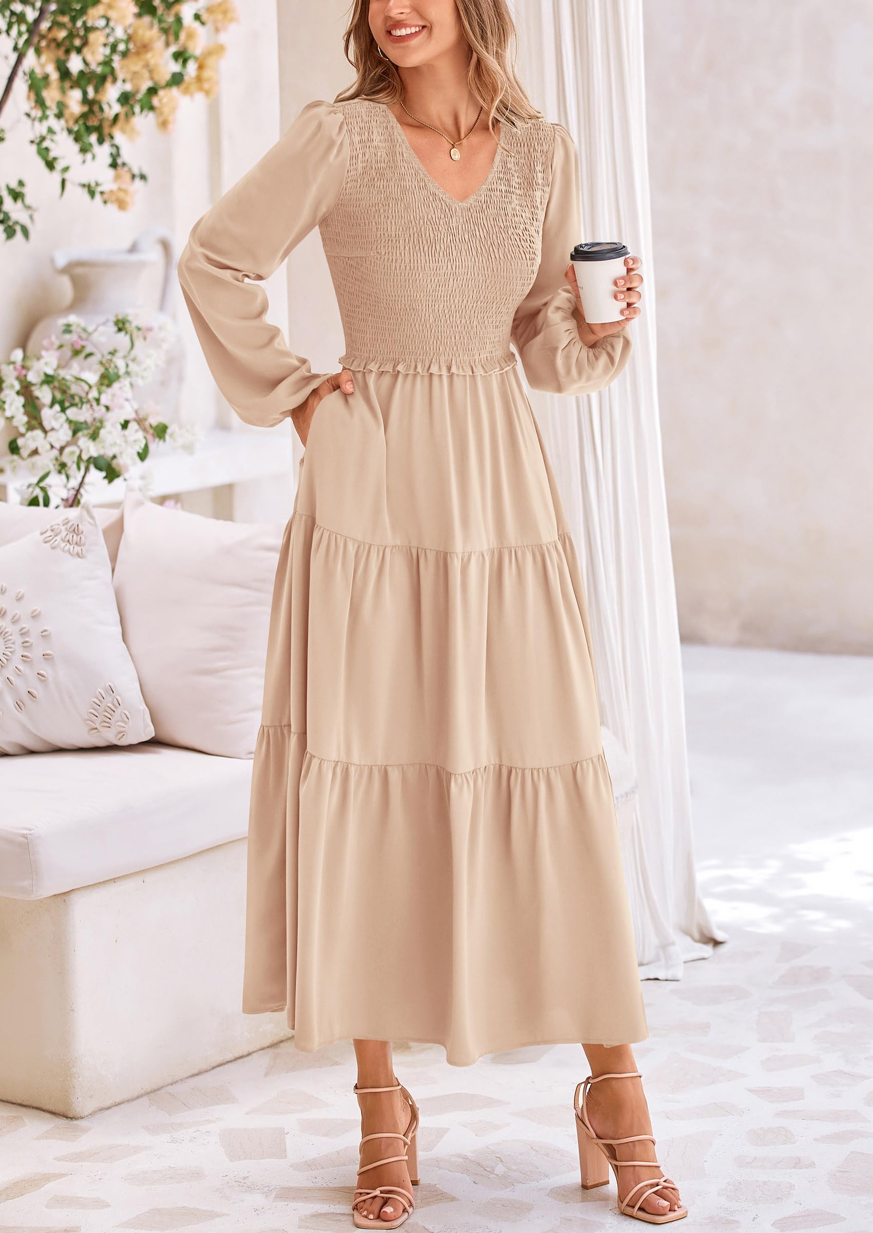 Foto 5 pulgar | Vestido Midi Prettygarden Para Mujer Con Cuello En V Fruncido, Línea A, Color Albaricoque - Venta Internacional.