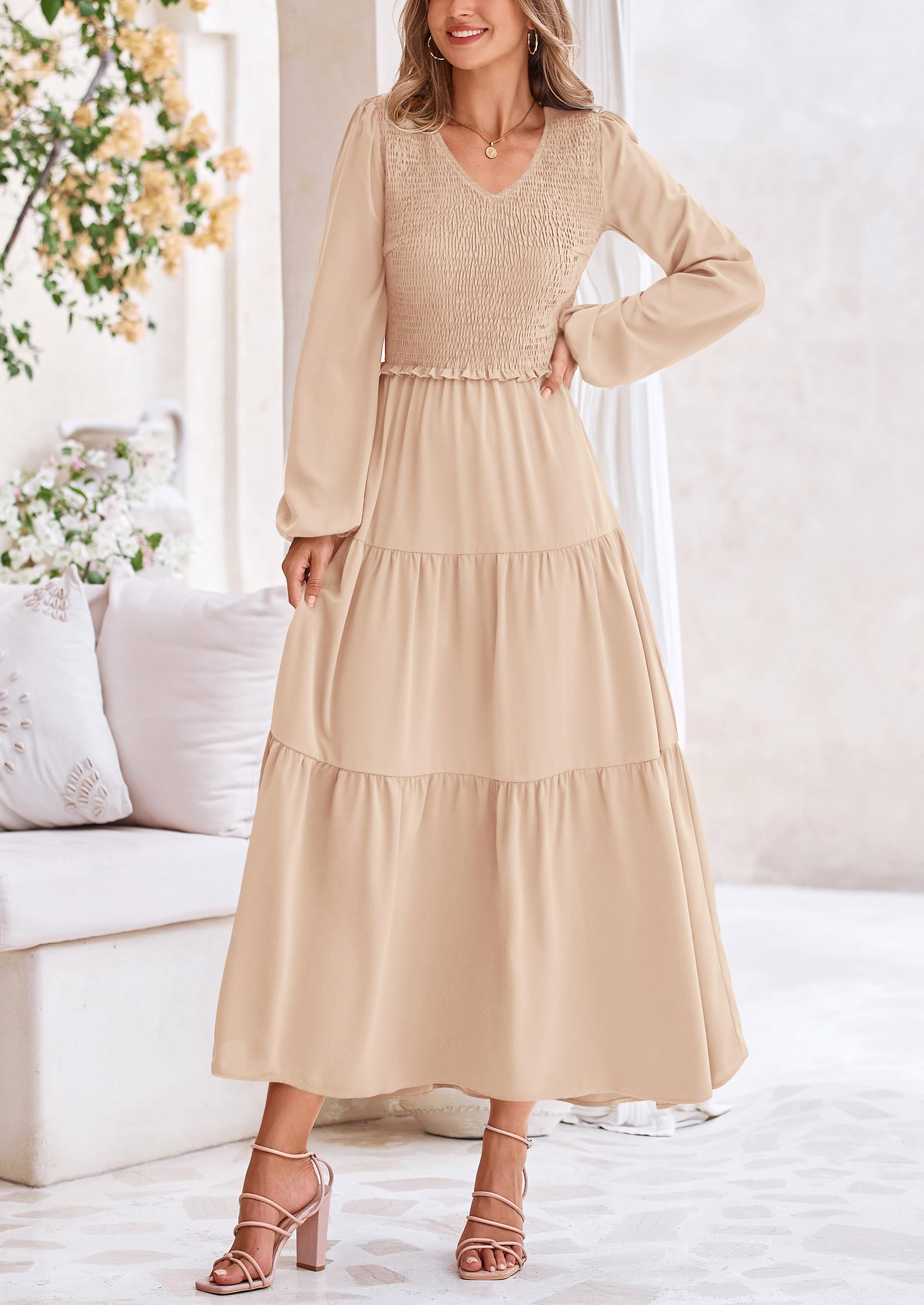 Foto 7 | Vestido Midi Prettygarden Para Mujer Con Cuello En V Fruncido, Línea A, Color Albaricoque - Venta Internacional.