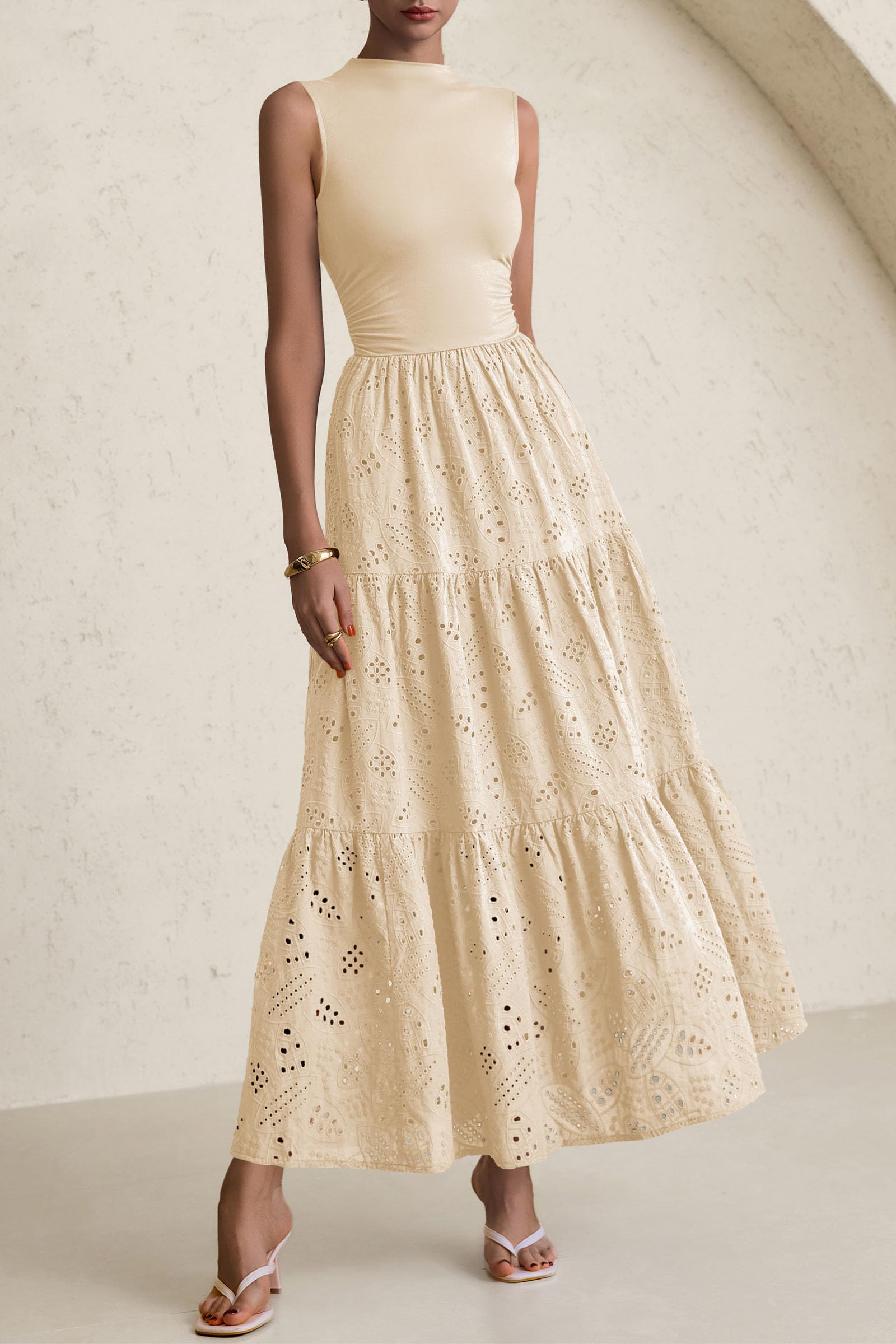 Foto 4 pulgar | Vestido De Verano Prettygarden 2025, Camiseta Sin Mangas Con Ojales, Maxi Con Bolsillos - Venta Internacional.