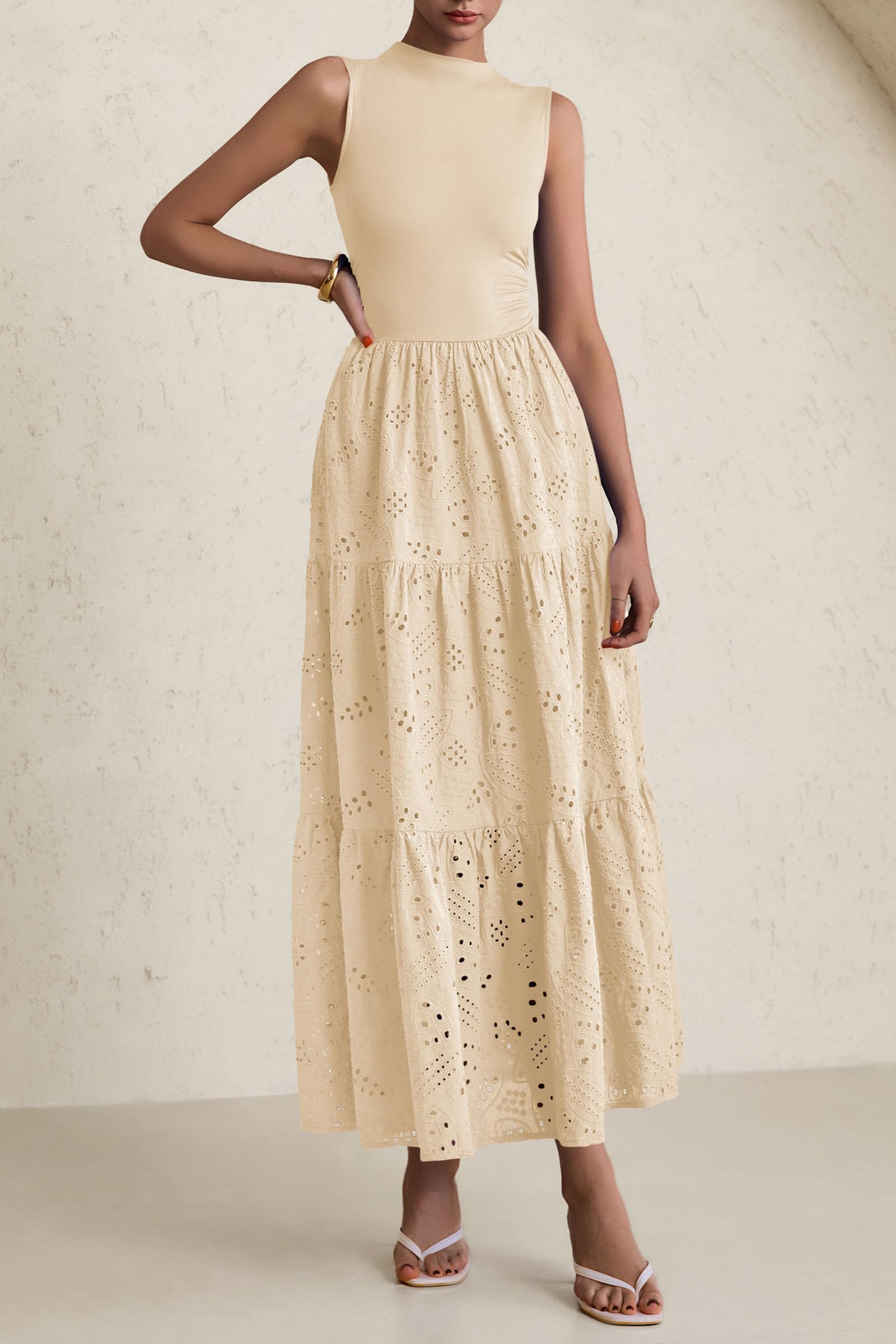 Foto 4 | Vestido De Verano Prettygarden 2025, Camiseta Sin Mangas Con Ojales, Maxi Con Bolsillos - Venta Internacional.