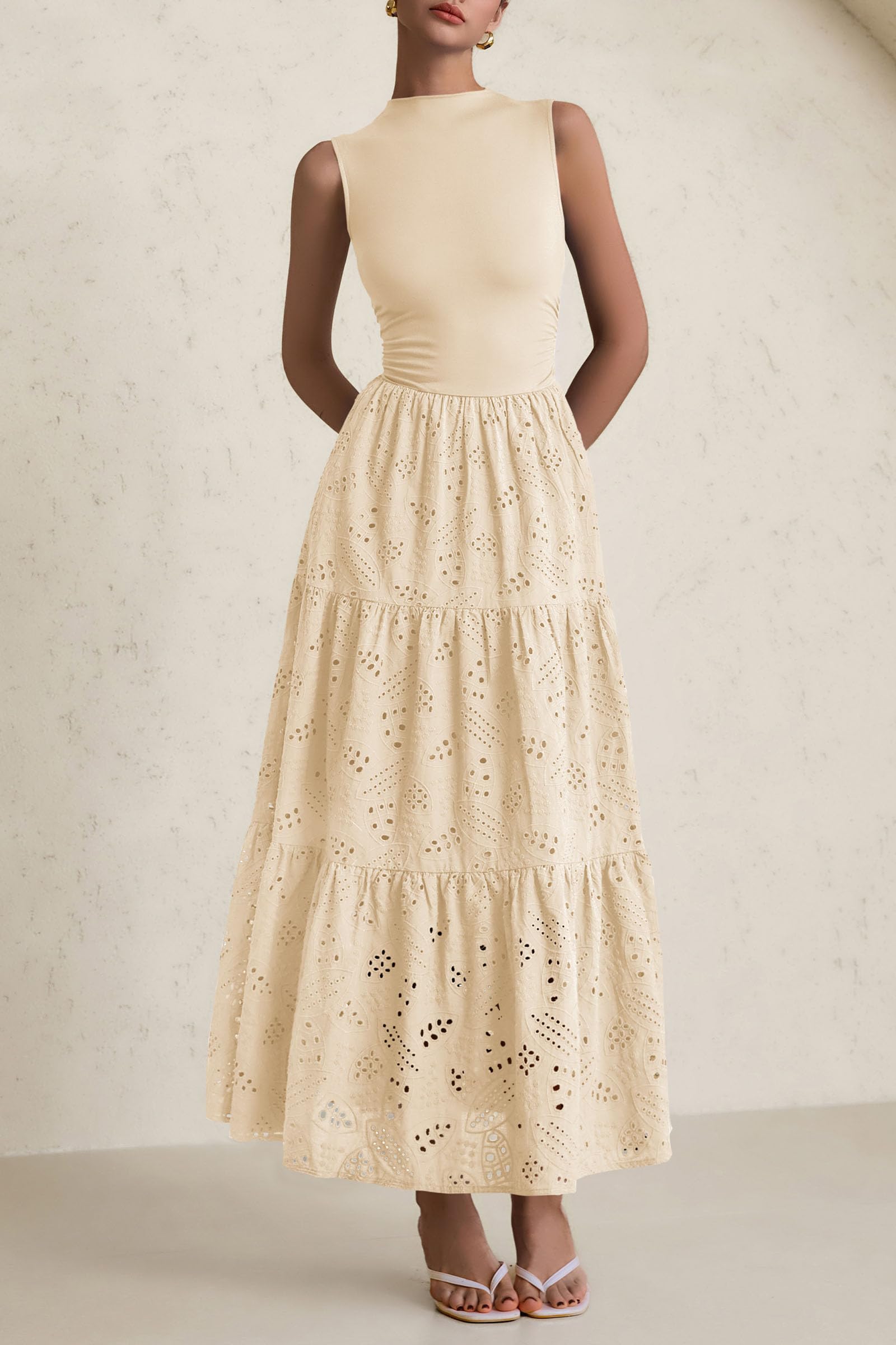 Foto 6 pulgar | Vestido De Verano Prettygarden 2025, Camiseta Sin Mangas Con Ojales, Maxi Con Bolsillos - Venta Internacional.