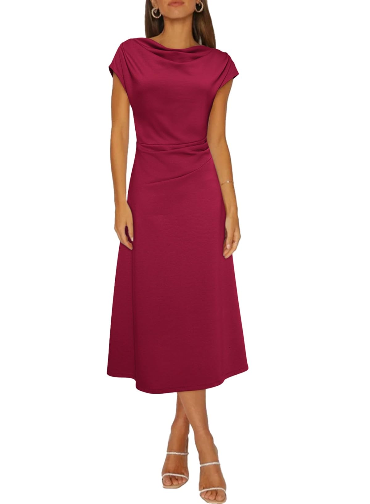Foto 2 pulgar | Vestido Midi Happy Sailed, Manga Corta, Cuello Vuelto, Rojo Vino - Venta Internacional.