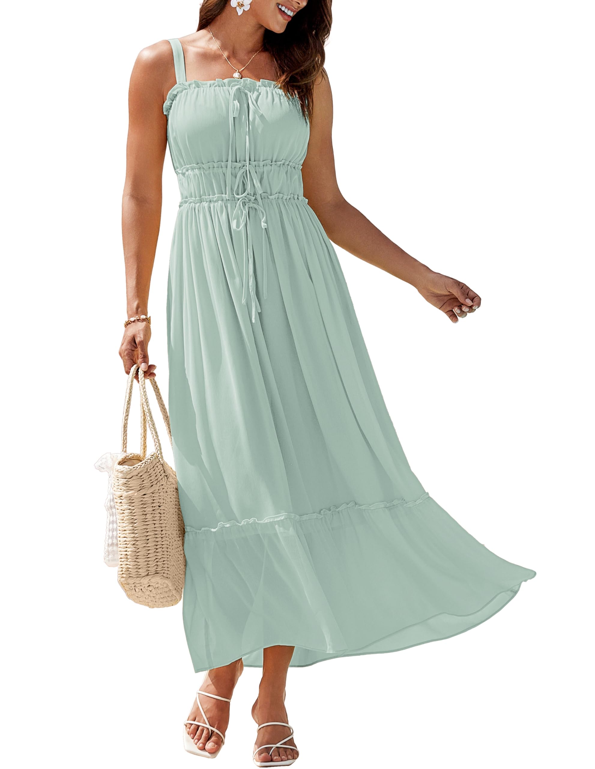 Vestido Largo Grace Karin Con Tirantes Finos, Fruncido, Verde Claro - Venta Internacional.