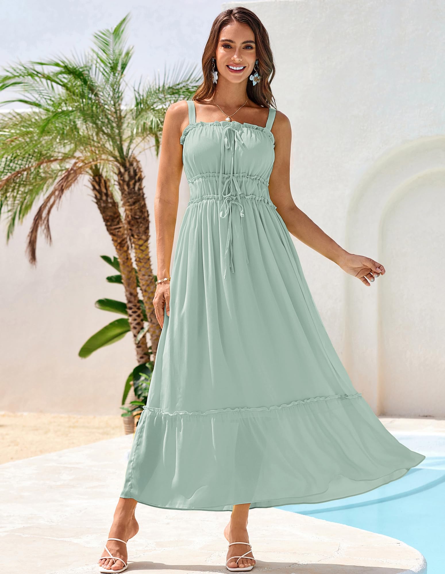 Foto 4 pulgar | Vestido Largo Grace Karin Con Tirantes Finos, Fruncido, Verde Claro - Venta Internacional.