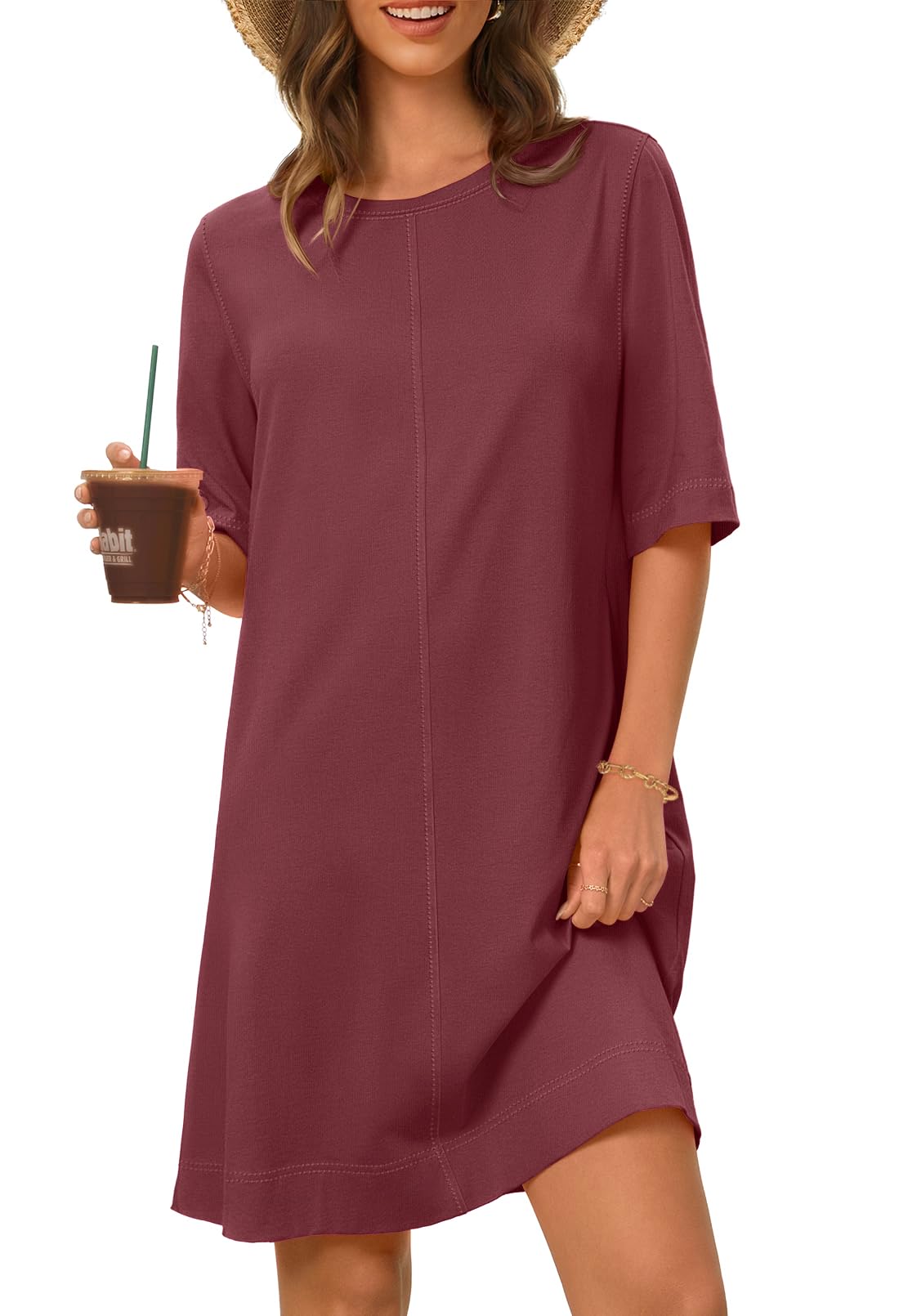 Foto 2 pulgar | Vestido Merokeety Para Mujer 2025, Verano, Manga Corta, Color Vino L - Venta Internacional.