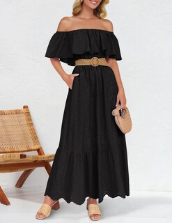 Foto 6 | Vestido Zesica 2025, De Verano, Con Hombros Descubiertos, Bordado Con Volantes, Negro - Venta Internacional.