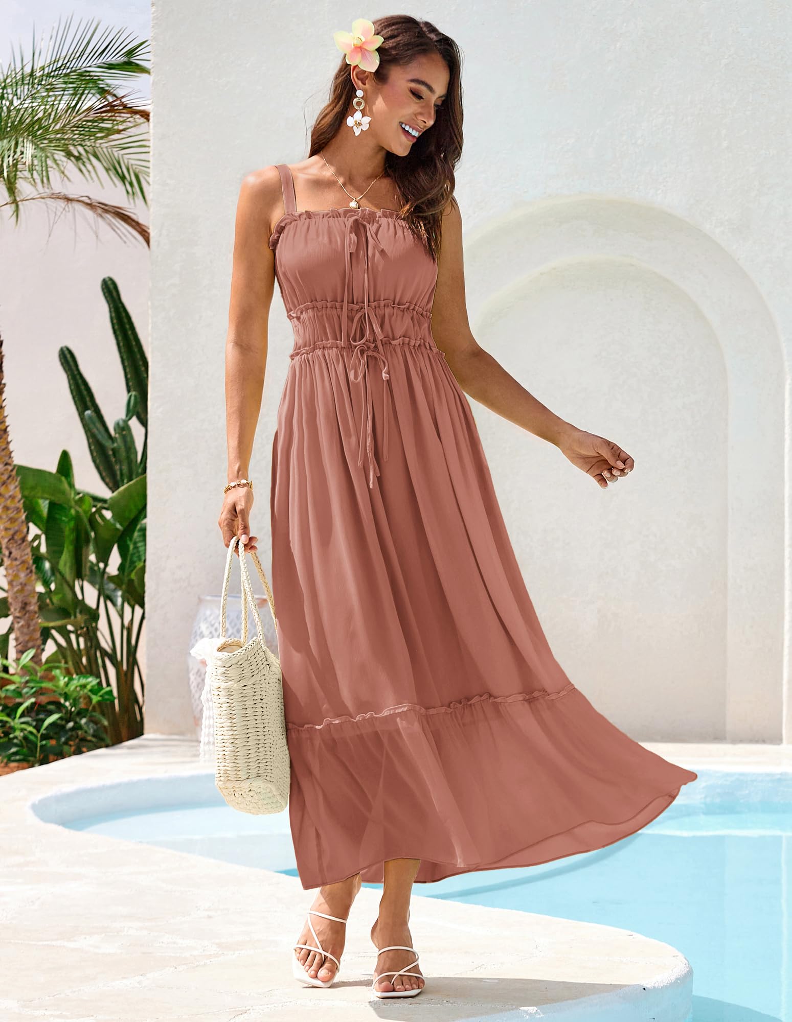 Foto 3 pulgar | Vestido Grace Karin, Casual, De Verano, Con Cuello Cuadrado, Rojo Claro, Marrón - Venta Internacional.