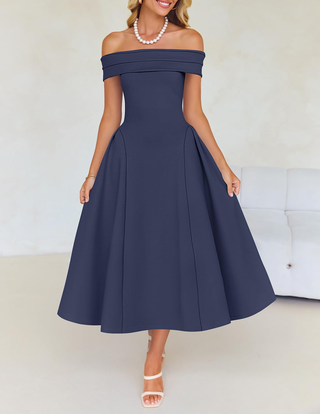 Foto 3 pulgar | Vestido De Cóctel Zesica Elegant Con Hombros Descubiertos, Línea A, Azul Marino - Venta Internacional.