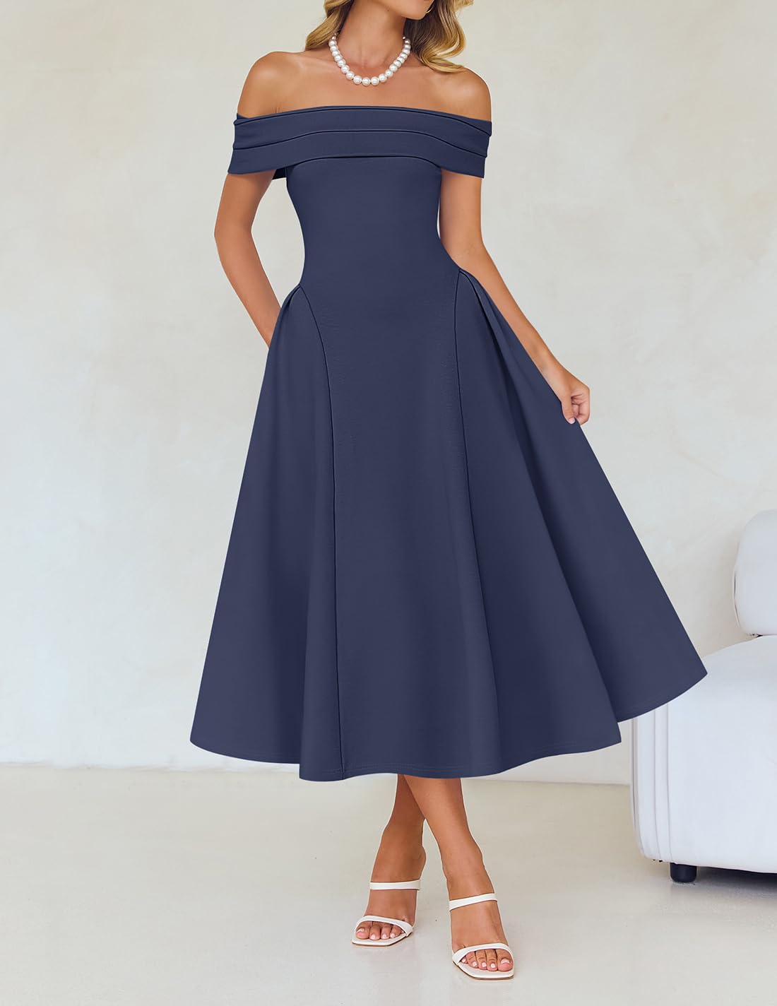 Foto 4 pulgar | Vestido De Cóctel Zesica Elegant Con Hombros Descubiertos, Línea A, Azul Marino - Venta Internacional.