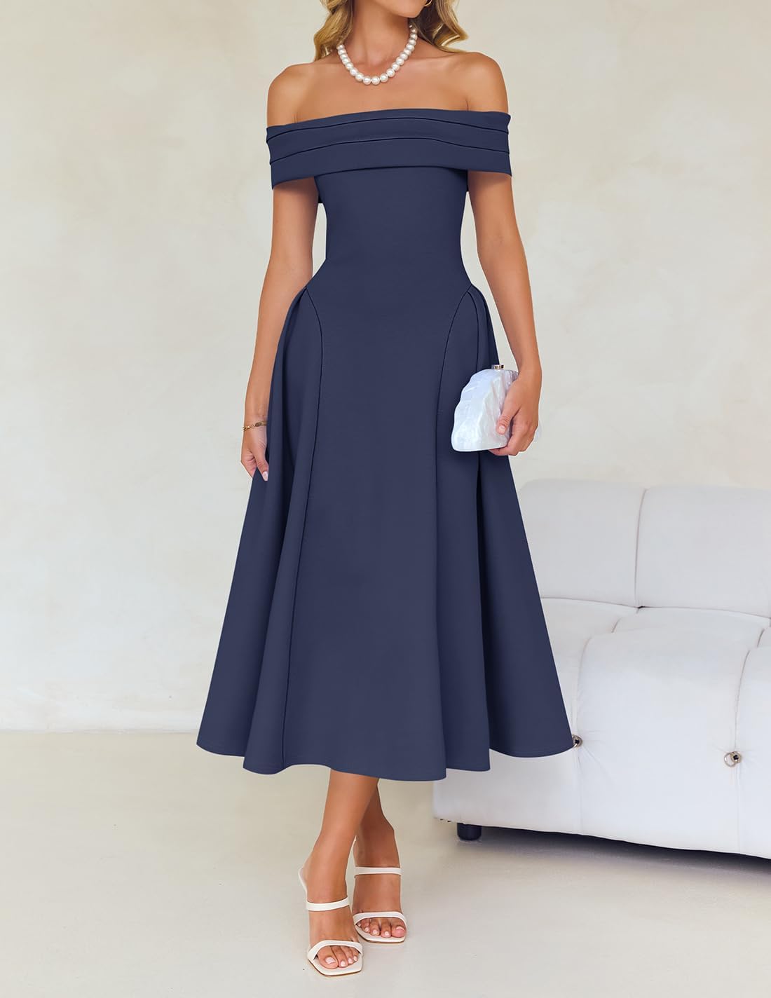 Foto 6 pulgar | Vestido De Cóctel Zesica Elegant Con Hombros Descubiertos, Línea A, Azul Marino - Venta Internacional.